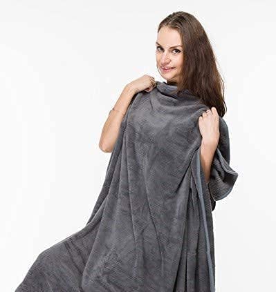 Premium Soft Travel Blanket & Pillow Set of 2 - Ultra Compact Airplane Blanket with Carrying Case & Strap | Cozy Flight Accessories for Air Travel, Road Trips & Camping | Gray Grey