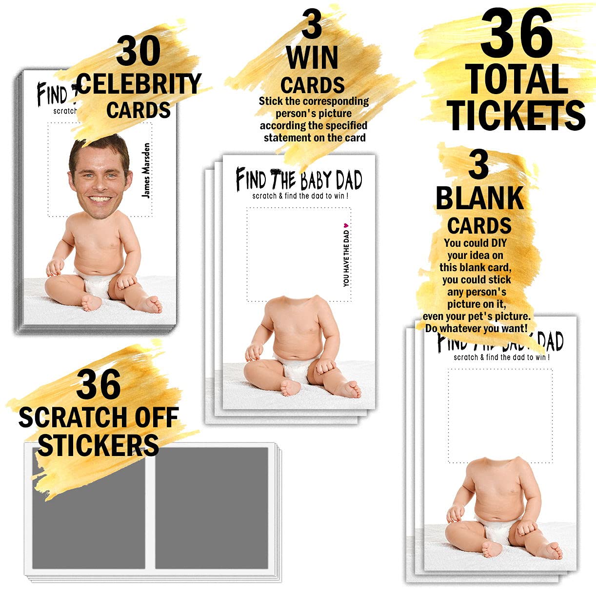 Baby Shower Games - Find the Baby Dad Scratch Off Celebrity Cards - 36 Fun Baby Shower Party Game Supplies for Gender Reveal & Celebrity-Themed Showers (BA01-baiR)