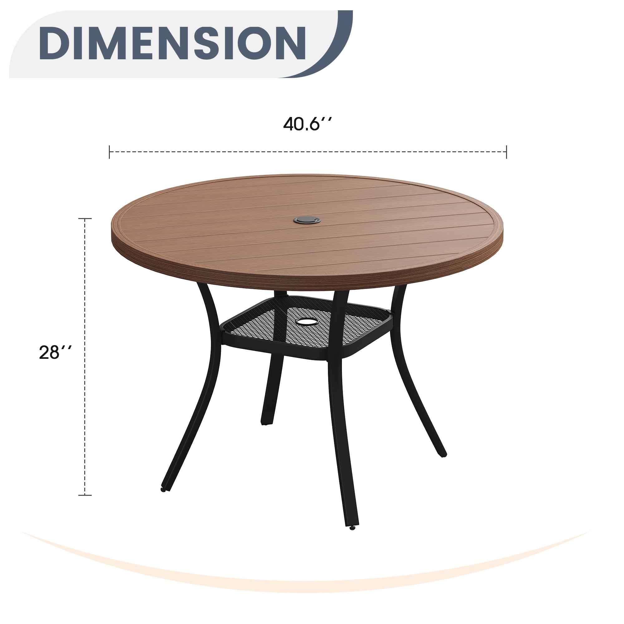 VICLLAX 41 Inch Round Patio Dining Table with Umbrella Hole - Durable Metal Outdoor Table for Garden, Lawn, Balcony & Deck - Walnut Finish - Perfect for Outdoor Dining, Entertaining & Relaxing