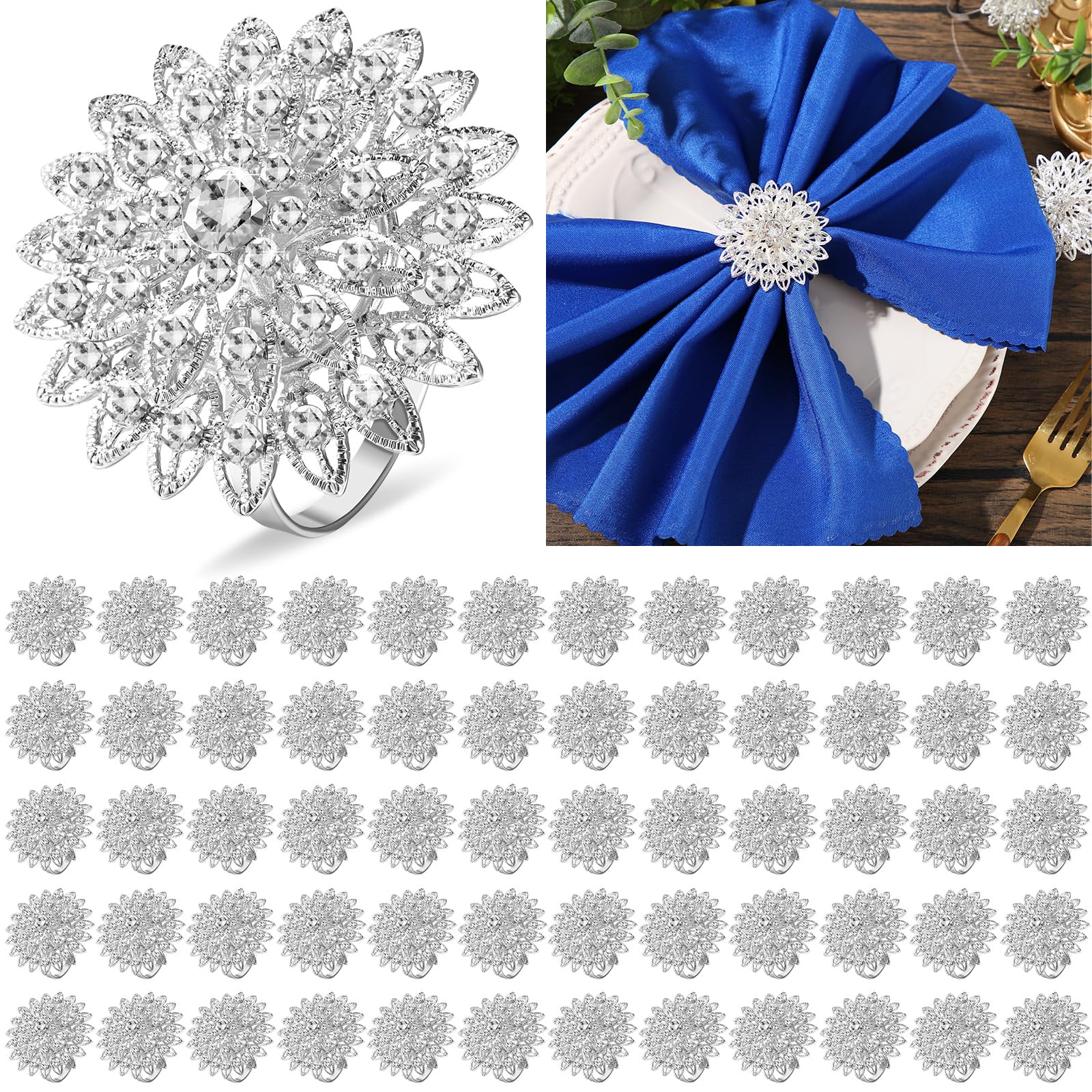 100 Pcs Silver Floral Crystal Rhinestone Napkin Rings - Elegant Bling Napkin Holders for Wedding, Birthday Party, Dinner & Home Table Decor - Perfect for Holiday Gatherings, Bridal Showers & Fine Dining