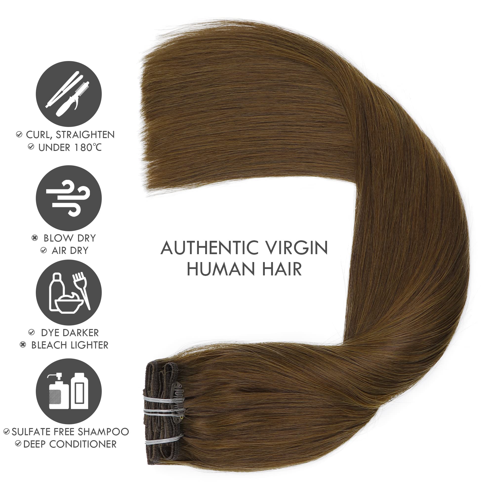Chocolate Brown Clip In Hair Extensions 14 Inches - 7PCS 120g Real Human Hair, 9A Remy Silky Straight for Women | Perfect for Daily Wear, Parties & Special Occasions