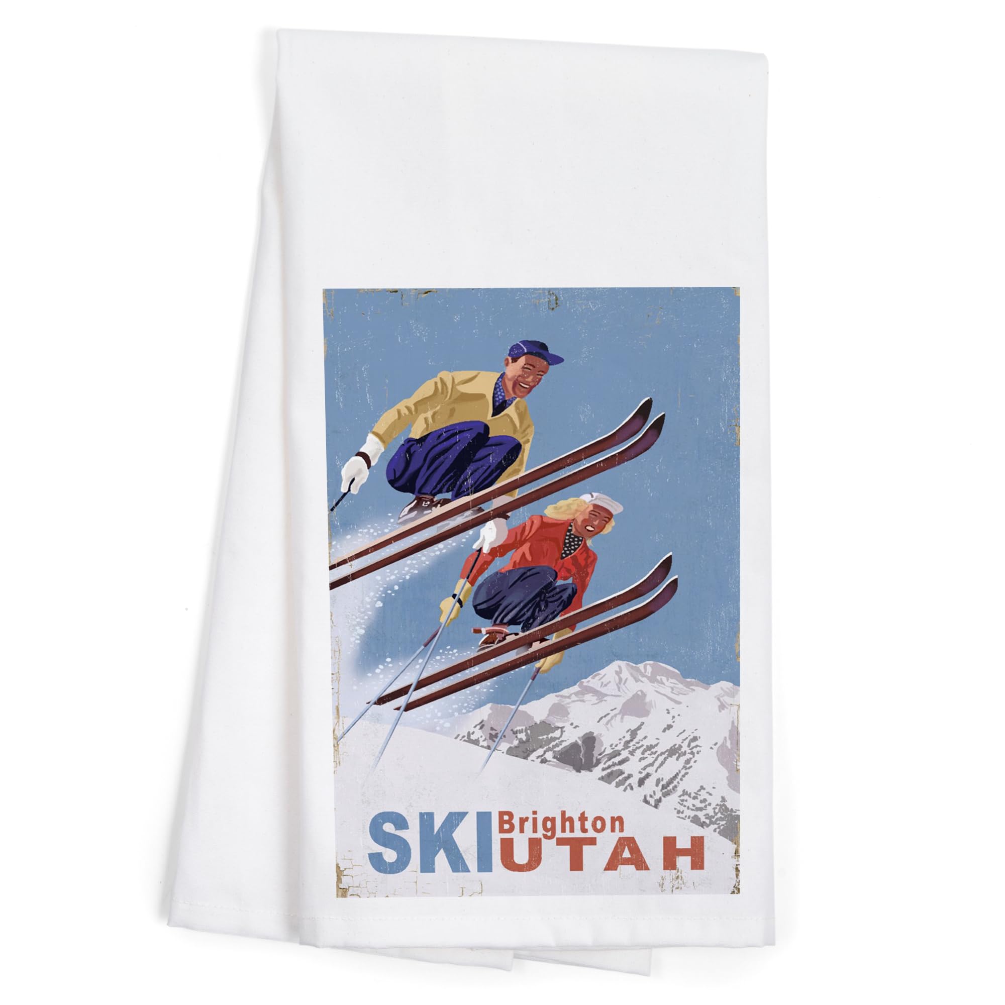 Vintage Skiers Cotton Tea Towel - Brighton Utah Print, 100% Cotton Decorative Hand & Kitchen Towel for Home Decor, Dish Drying & Gift Giving