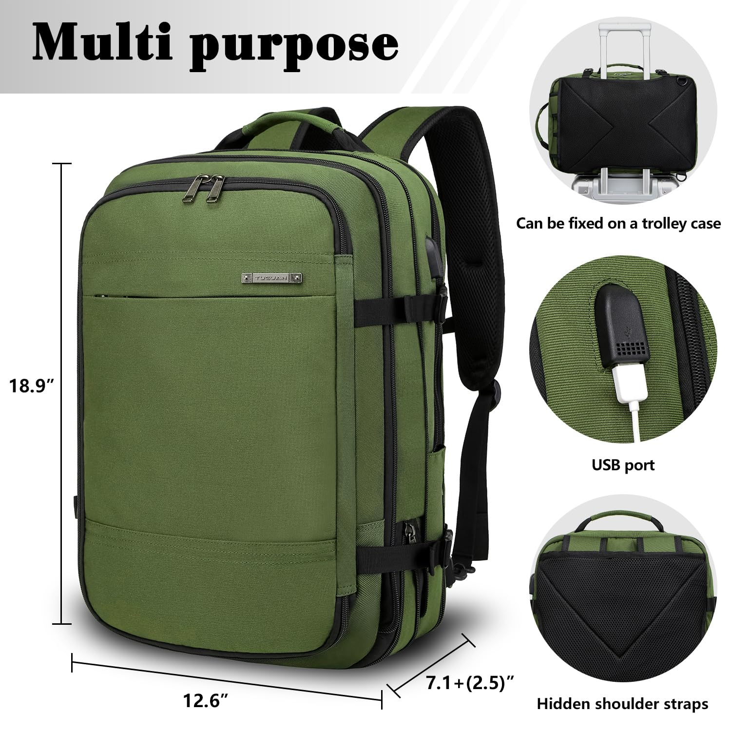 TUGUAN 17 Inch Expandable Laptop Backpack 36L with USB Charging Port, Green Business Computer Backpack for Men & Women, Durable Work & Commuting Backpack for Office, School, and Travel