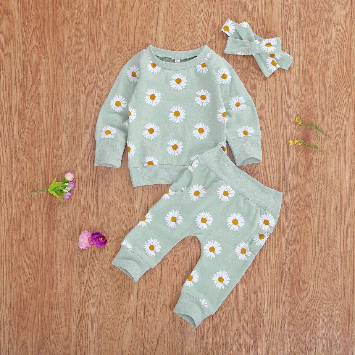 3Pcs Baby Girl Outfits - Daisy Print Sweatshirt, Pants & Headband Set | Cute Infant Winter Clothes for Fall & Winter | Perfect for Family Photos, Holiday Outings & Playdates