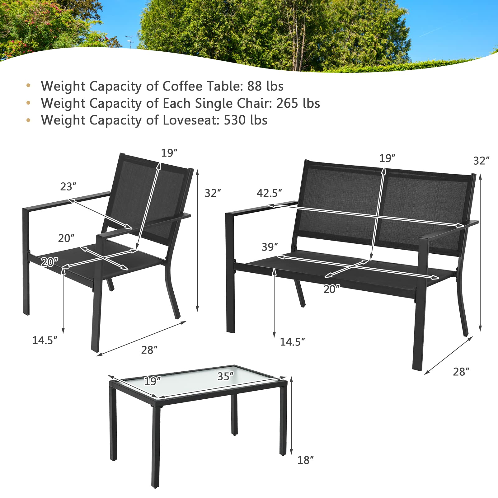 Giantex 4-Piece Patio Furniture Set - Outdoor Conversation Set with Loveseat Bench, 2 Chairs & Tempered Glass Coffee Table - Bistro Dining Set for Porch, Lawn, Garden, Poolside - Perfect for Backyard Relaxation, Outdoor Entertaining & Summer Gatherings