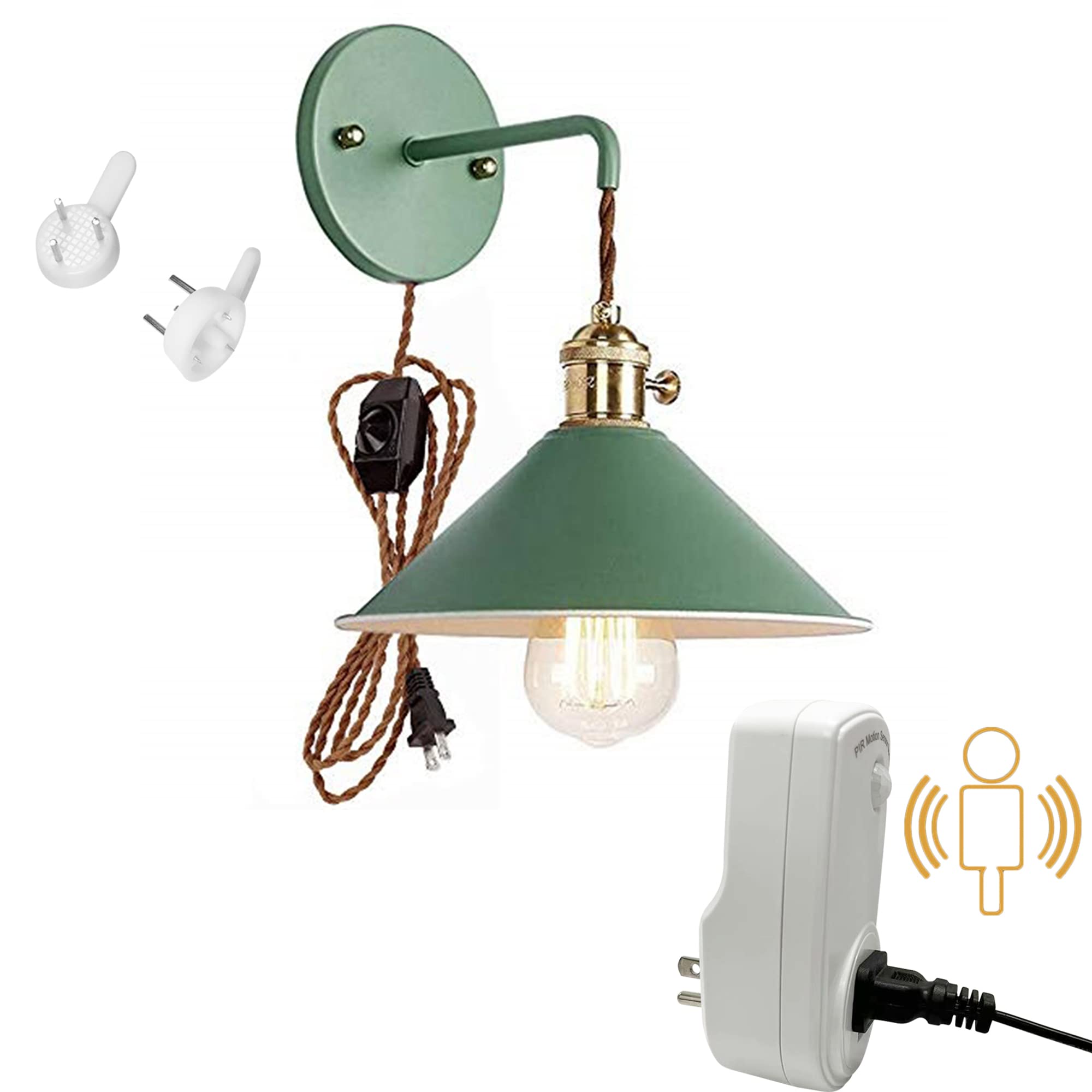 Dimmable Plug-in Wall Sconce with Motion Sensor - 5.9FT Cord, Green Macaron Lighting Fixture for Bedroom, Hallway & Living Room - Automatic On/Off - 1 Pack