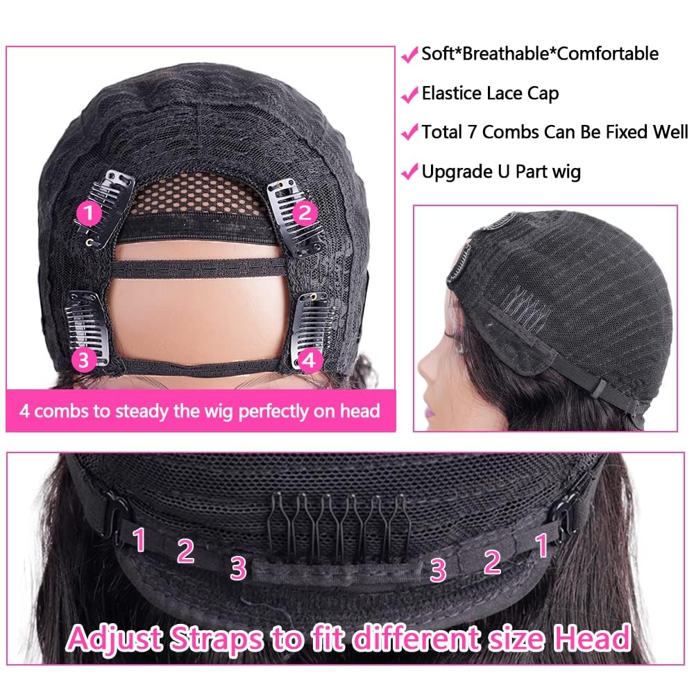 U Part Wigs Human Hair for Black Women - 250% Density Brazilian Deep Wave Clip-in Half Wig | Glueless V Part Wigs with Pre-Plucked Natural Hairline | 22 Inch Full Head Human Hair Wig for Daily Wear & Special Occasions