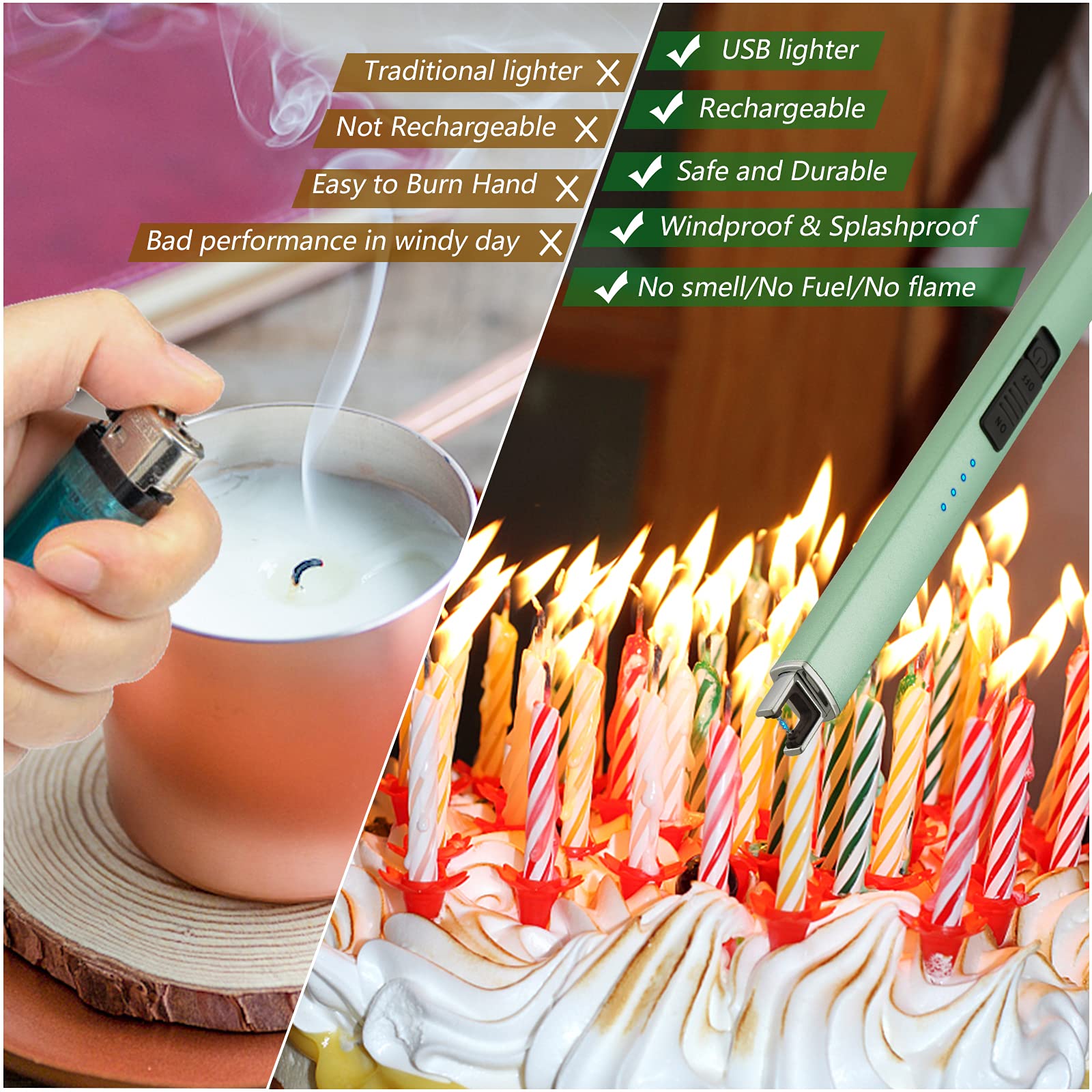 Rechargeable USB Electric Candle Lighter - Windproof Arc Flameless Lighter for Candles, Camping, BBQ & Gifts (Green) | Perfect for Birthday, Mother's Day, Women's Day & Outdoor Activities