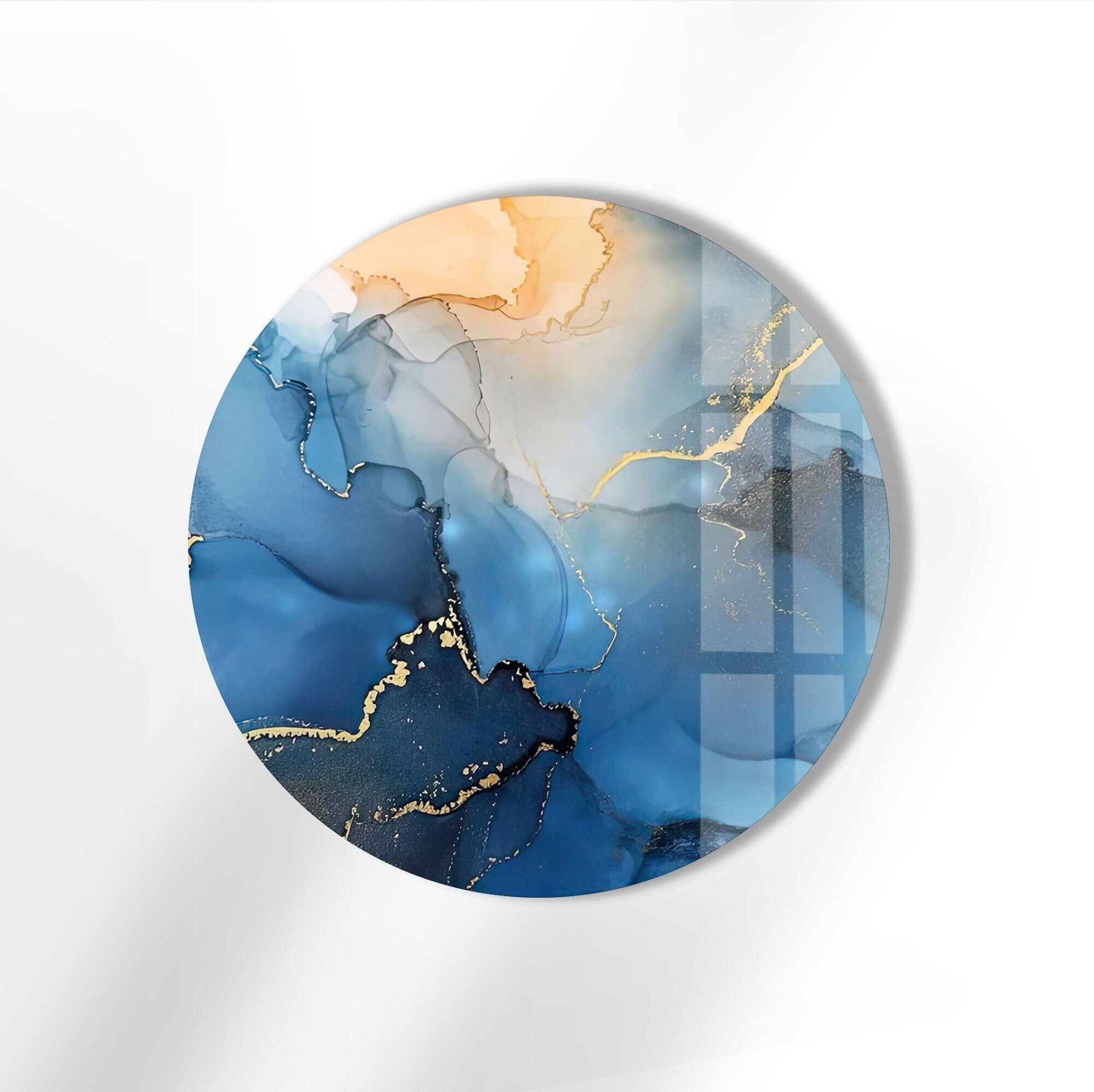 Abstract Round Blue Alcohol Ink Glass Wall Art - Handmade Modern Home Decor for Living Room, Bedroom & Office - Unique Gift Idea for Housewarming & Holidays