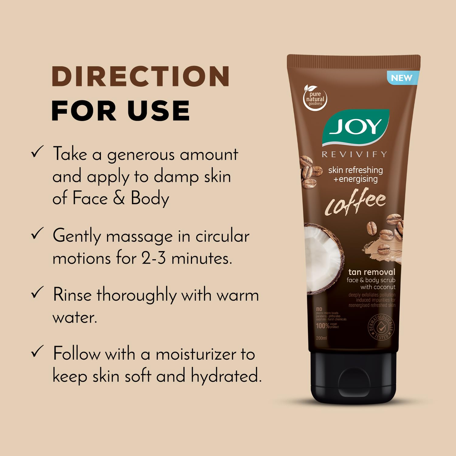 Joy Exfoliating Coffee Face & Body Scrub for Men & Women (200g) | Natural Coconut & Coffee Anti-Pollution Scrub | Deep Exfoliation & Dirt Removal | 100% Vegan, Gentle Skincare | Perfect for Daily Use & Post-Workout Cleansing