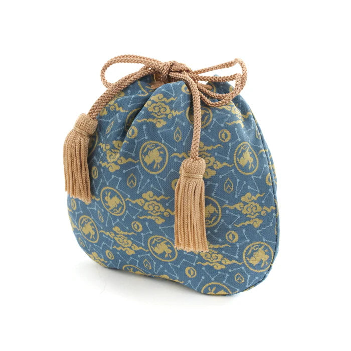 Handmade Kyoto Nishijin Ori Small Drawstring Bag - Rabbit & Blue Design - Japanese Traditional Craft Purse for Gifts, Cosmetics & Accessories Storage
