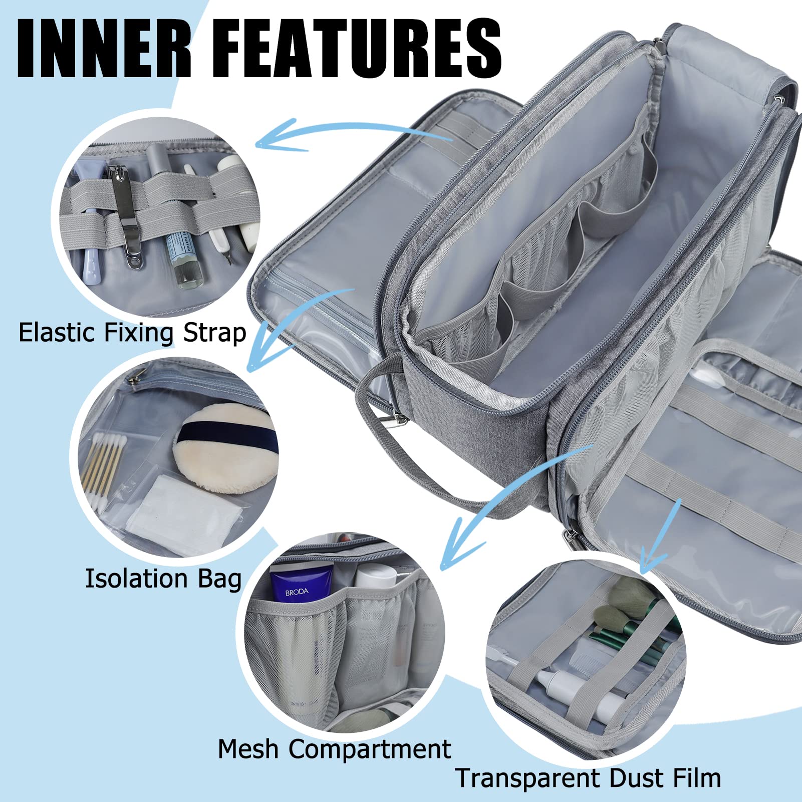 Waterproof Travel Toiletry Bag for Men & Women - Grey Washbag with Handle for Makeup & Bottles Storage