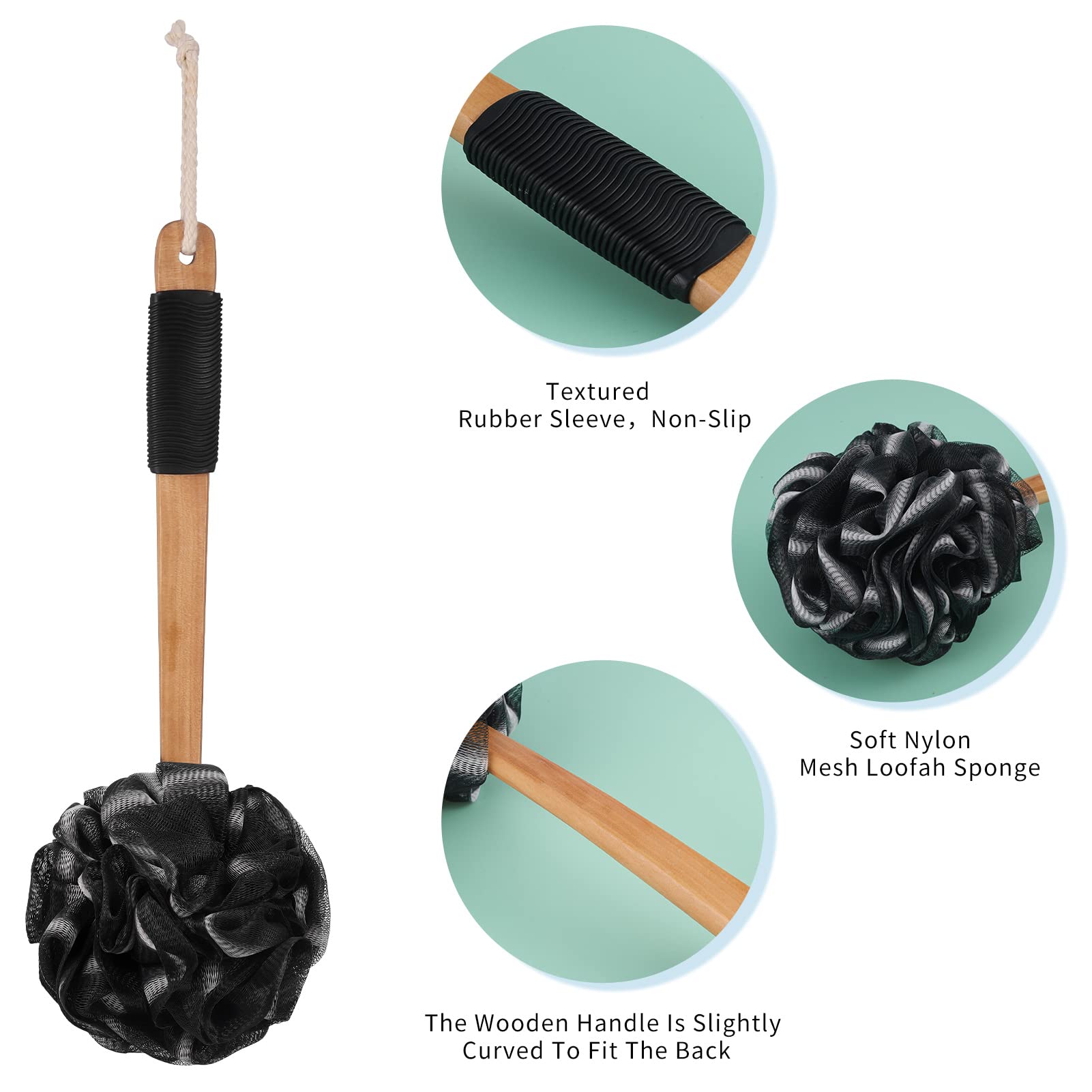 Premium 2-Pack Pine Nuts Back Scrubber with Long Wooden Handle - Exfoliating Loofah Bath Sponge & Body Shower Brush for Deep Cleansing - Ideal for Men & Women to Soothe Skin - Perfect for Spa, Home Bath & Gift Giving