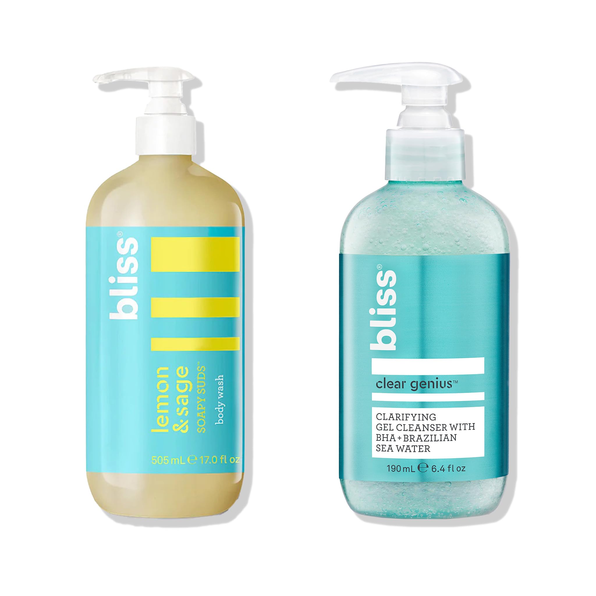Bliss Soapy Suds Body Wash & Clear Genius Clarifying Cleanser - Hydrating & Purifying Face & Body Wash for All Skin Types - Vegan, Cruelty-Free Skincare for Daily Shower & Acne-Prone Skin Care Routine