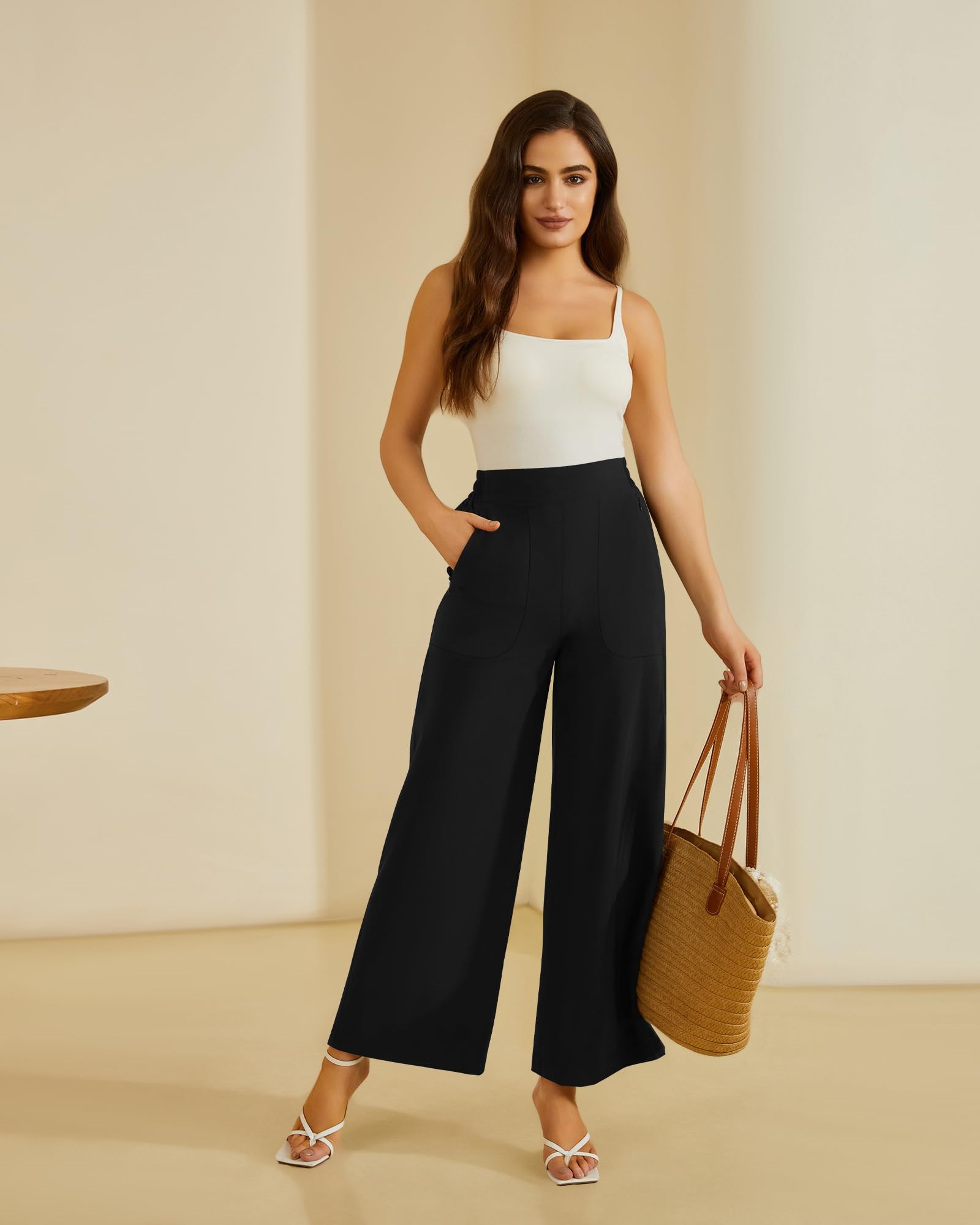 FireSwan Women's Wide Leg Palazzo Pants - High Elastic Waist Work Pants with Zipper Pockets - Comfortable Office & Business Casual Trousers for Professional Women