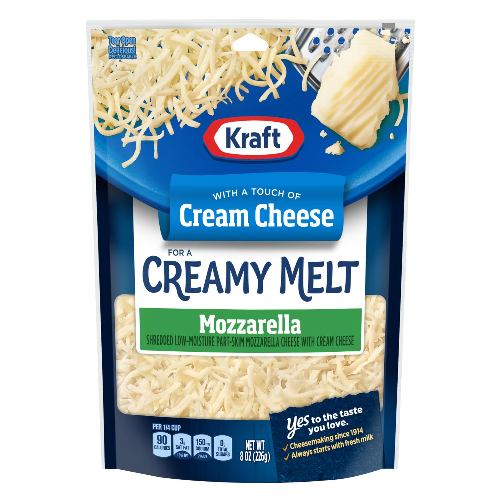Kraft Natural Shredded Mozzarella Cheese with Philadelphia Cream Cheese - 8 oz Resealable Bag for Pizza, Pasta & Italian Cooking | Premium Melting Cheese for Baking & Snacking