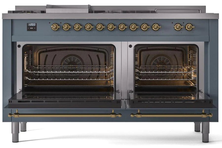 ILVE Nostalgie II 60-Inch Dual Fuel Natural Gas Range with Brass Trim - Blue Grey (UP60FSNMPBGG) | Professional Italian Kitchen Appliance for Home Chefs & Gourmet Cooking