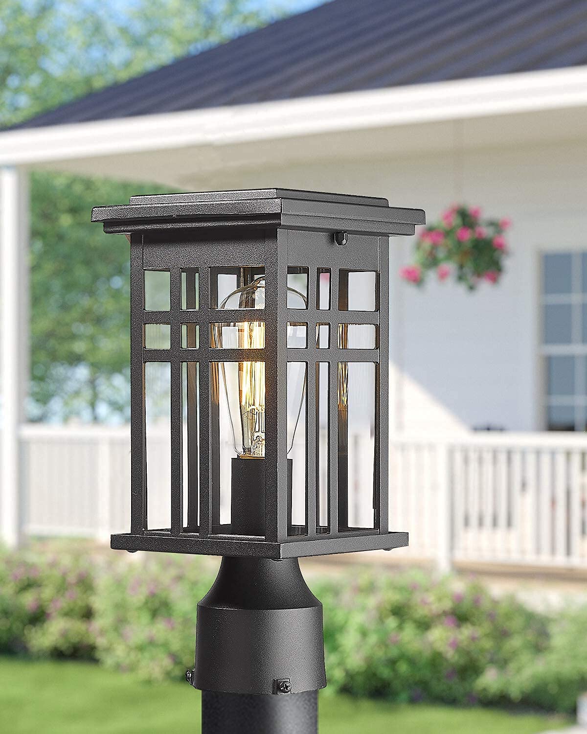 HWH Industrial Pole Lamp with Dusk to Dawn Sensor - Matte Black Exterior Wall Lantern with Clear Glass Shade - Outdoor Porch Lights for Garden, Garage, Balcony & Patio Lighting