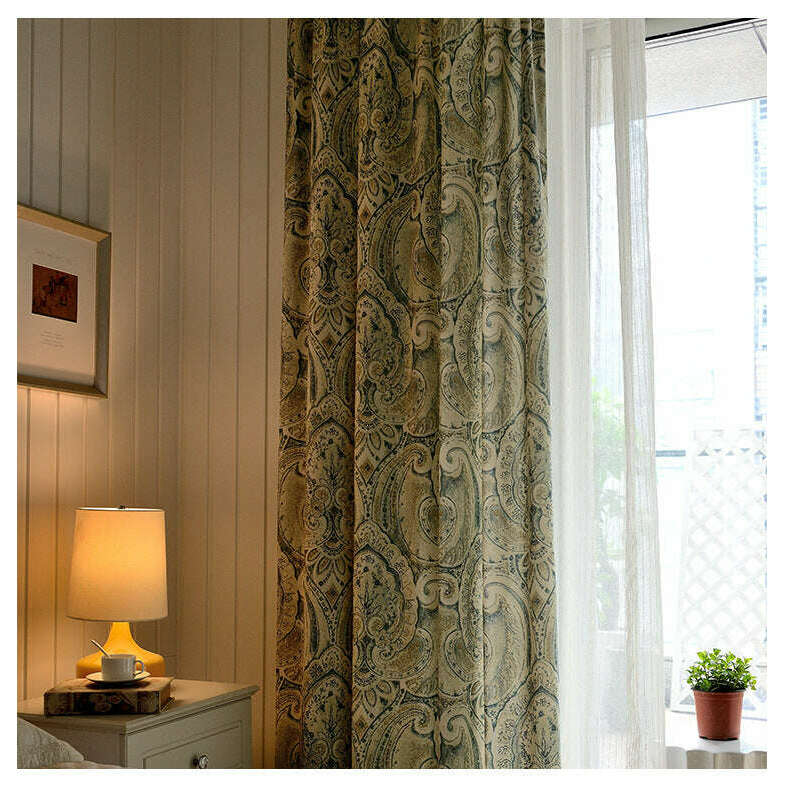 French Country Print Curtains with Intricate Design - Beige Linen Window Drapes for Living Room & Bedroom | Farmhouse Style Home Decor