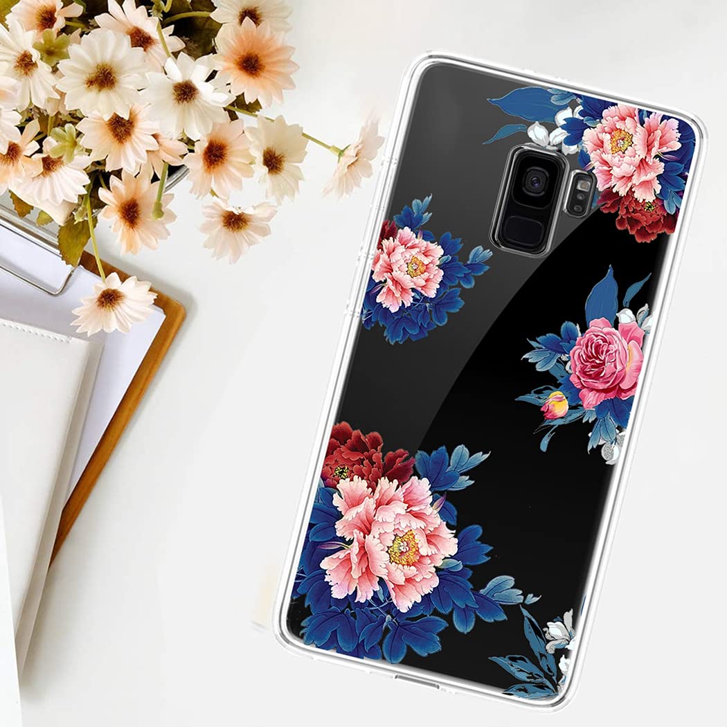 Samsung Galaxy S9 Phone Case for Women - Clear Slim Shockproof Flexible TPU Protective Cover with Blue Flower Design - Perfect for Everyday Use, Work & Travel