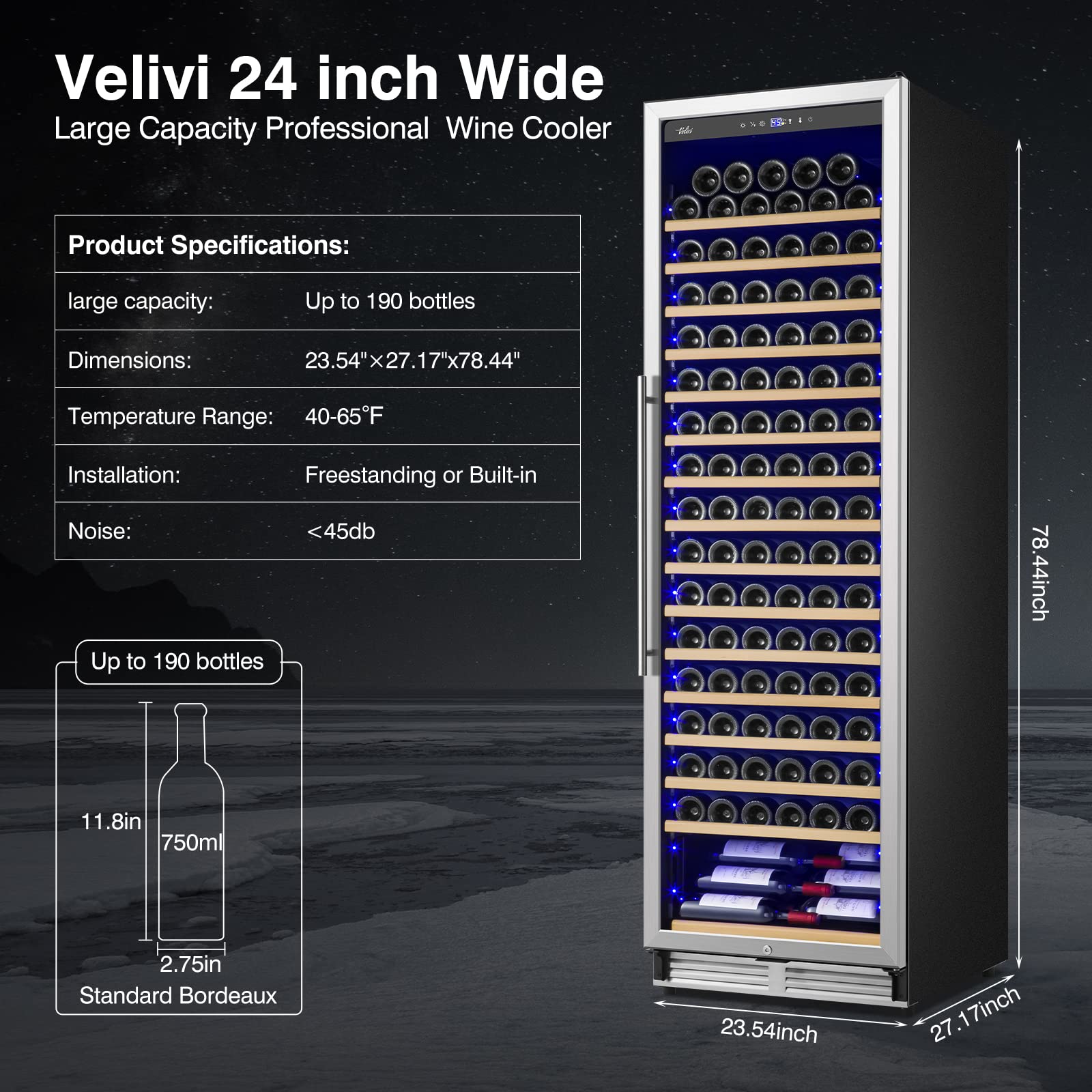 Upgraded 24 Inch Wine Cooler Refrigerator - 190 Bottle Capacity with Digital Temperature Control System, Freestanding/Built-in Dual Installation, Ultra Quiet Operation - Perfect for Home Bars, Restaurants, and Wine Cellars