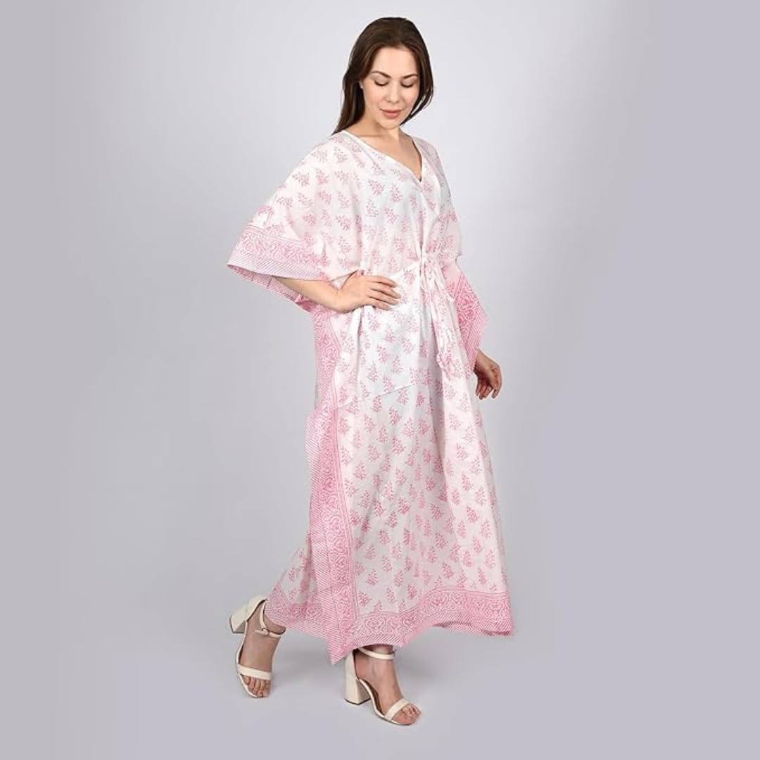 Handmade Cotton Block Print Caftan Dress - Boho Maxi Beach Cover Up, Women's Flowy Kaftan for Summer Vacation, Poolside Lounging & Evening Outfits