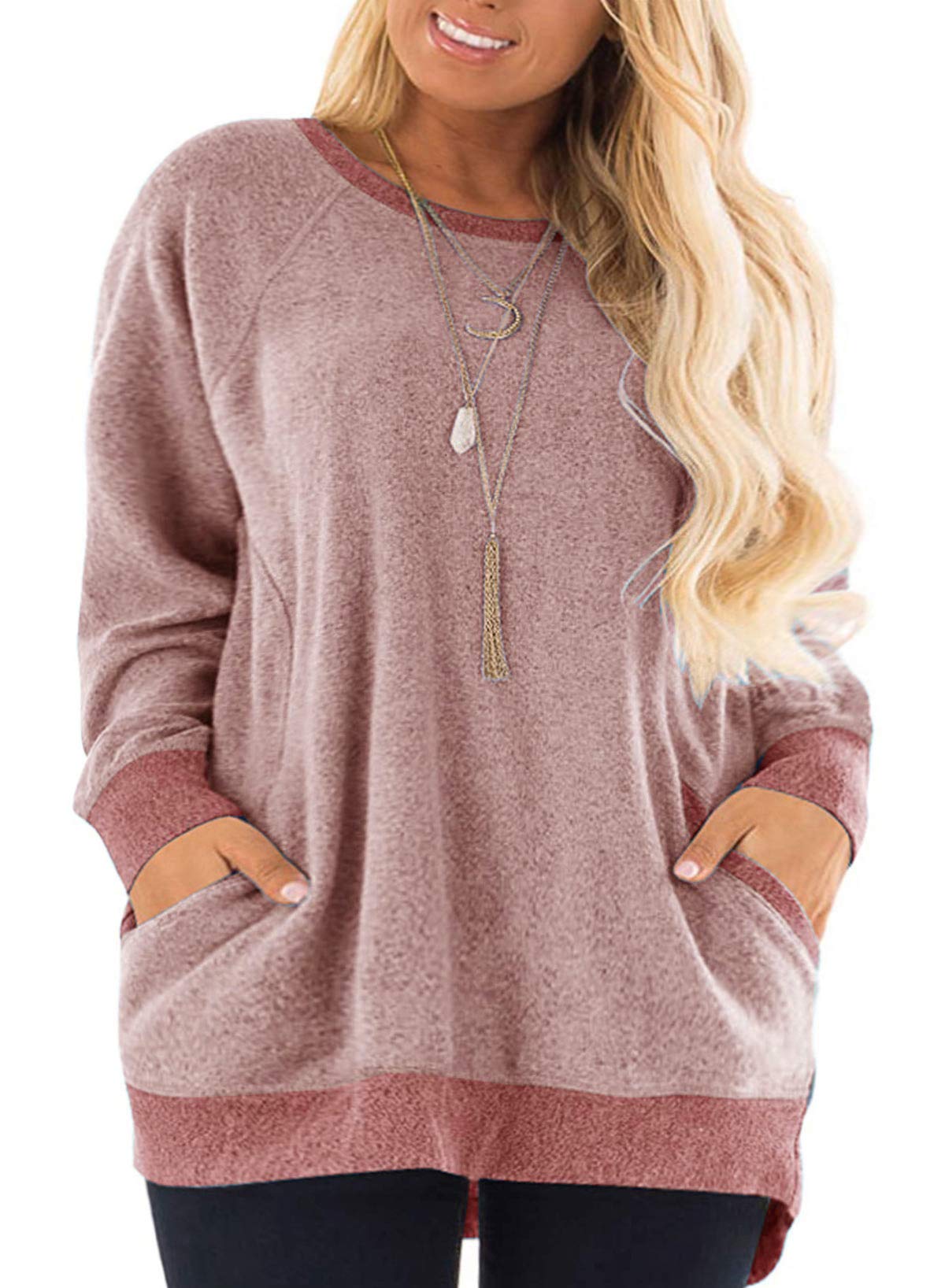 DOLNINE Women's Plus Size Color Block Sweatshirt - Long Sleeve Pocket Pullover Tops for Casual Wear, Lounge & Outdoor Activities