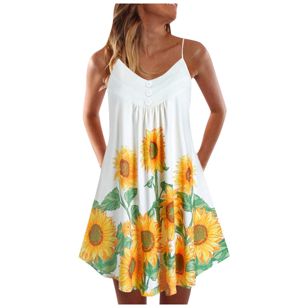 Women's Vintage Boho Summer Sleeveless Beach Printed Short Mini Dress - Casual Flowy Dress for Summer, Vacations & Beach Outings