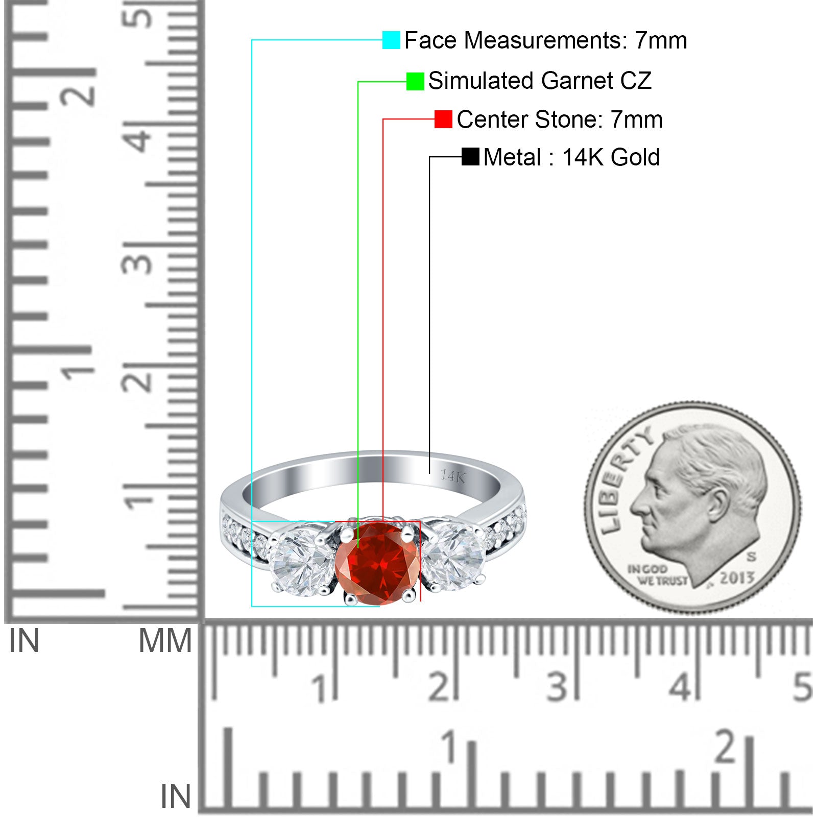 14K Yellow Gold Three Stone Round Garnet CZ Ring for Women - Elegant Birthstone Jewelry Gift for Anniversary, Valentine's Day & Special Occasions