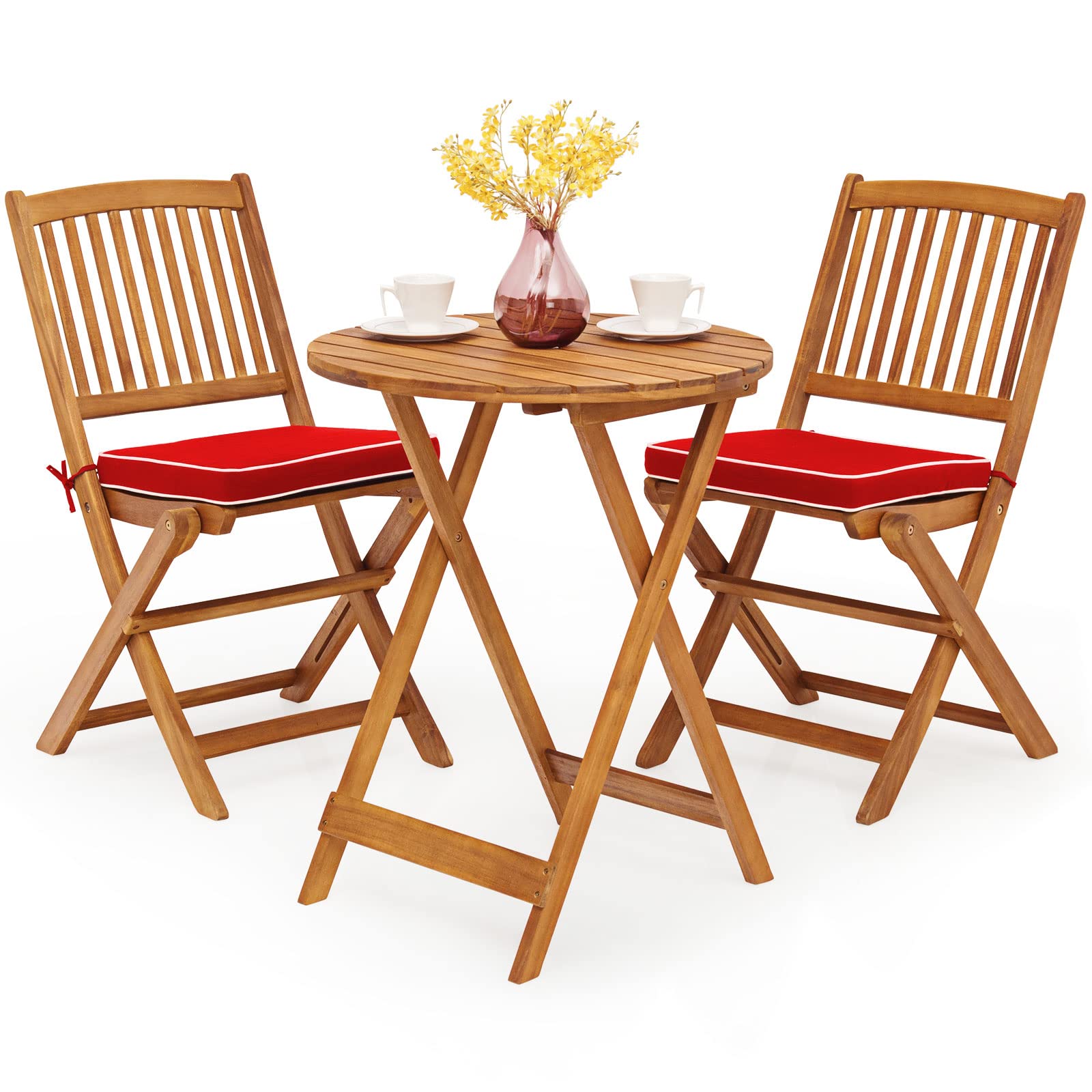 Tangkula 3-Piece Patio Folding Bistro Set - Acacia Wood Outdoor Dining Chairs with Padded Cushions & Round Coffee Table - Perfect for Garden, Poolside, Balcony, and Indoor Use (Red)
