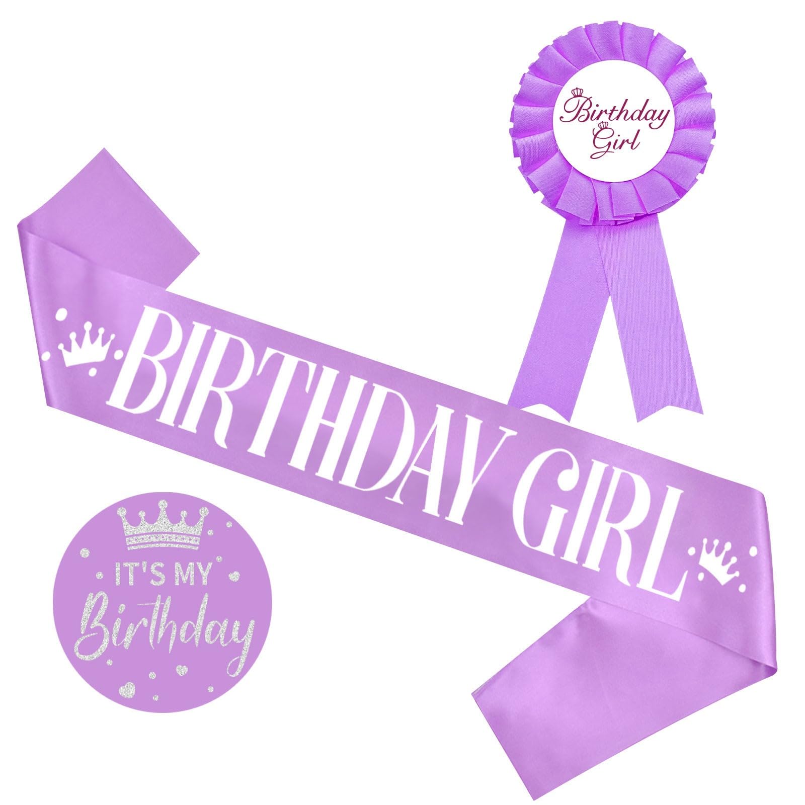 Purple Birthday Sash and Pin Button Set (3 Pieces) - Elegant Birthday Decorations for Women & Girls - Perfect for Birthday Parties, Quinceañeras, Bachelorette Celebrations and Special Occasions
