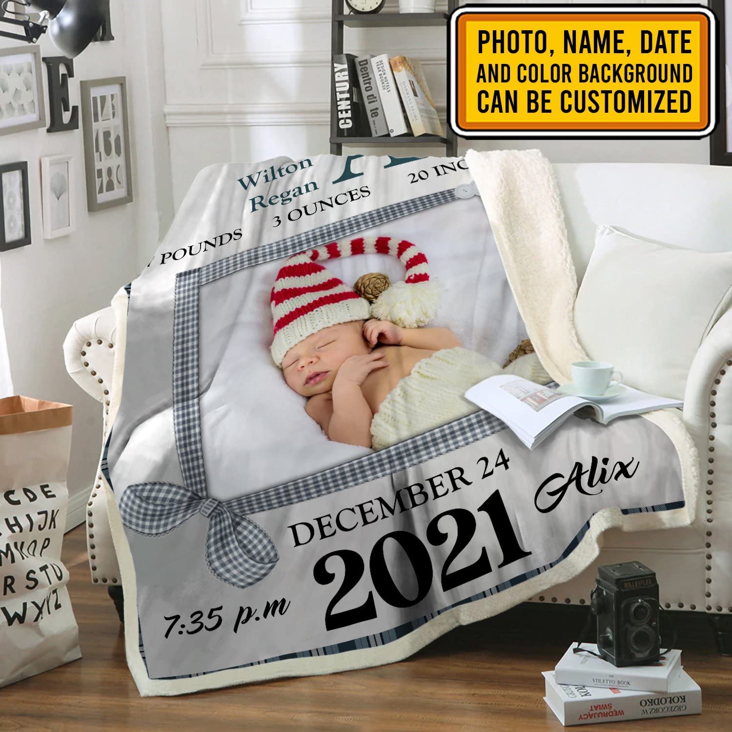 Personalized Baby Fleece Blanket with Photo & Name - Soft Mink Sherpa & Woven Design - 50x60 Inch - Perfect for Nursery, Gift, and Keepsake Memories