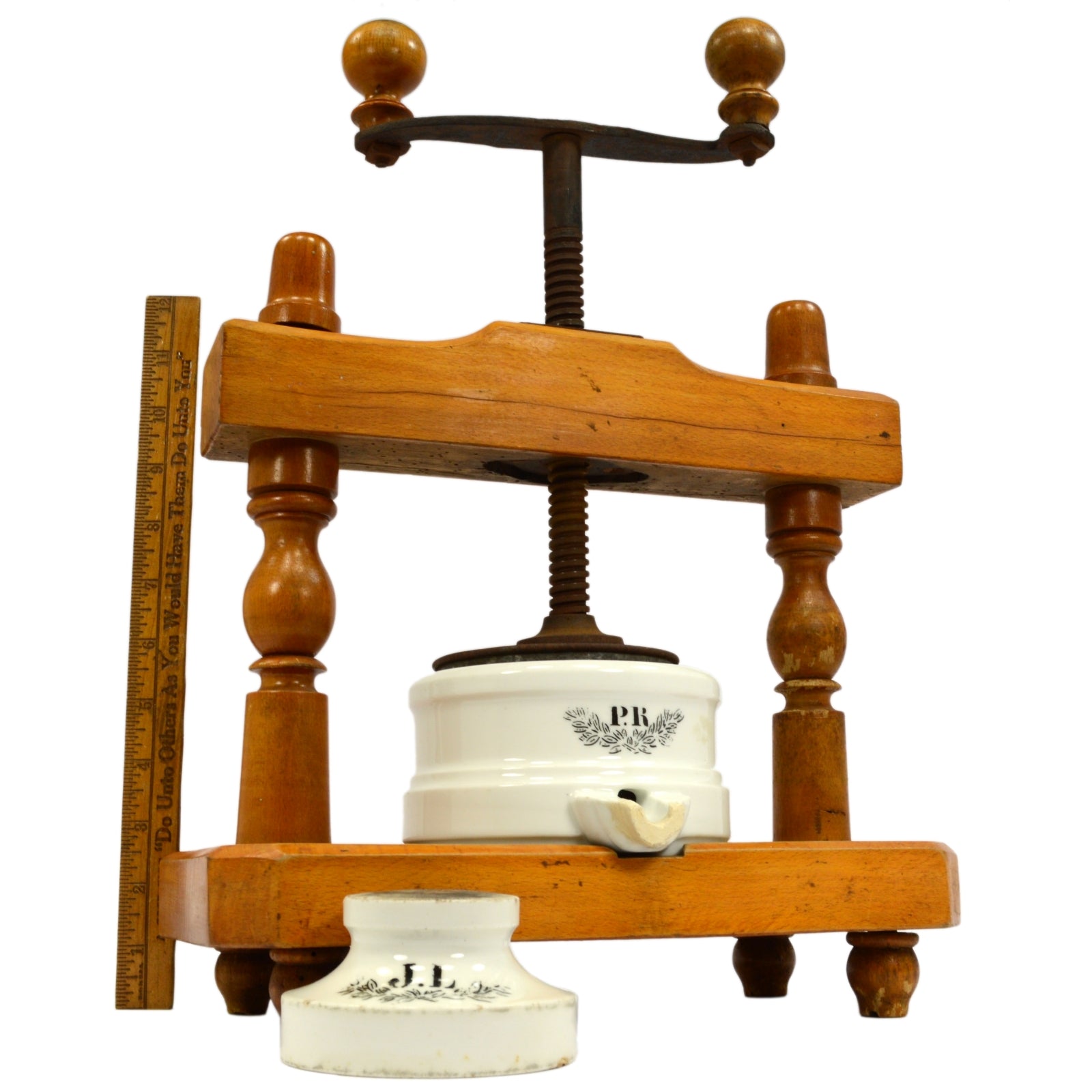 Antique French Fruit Press - Handcrafted Boxwood & Porcelain with J.L. & P.R. Markings - Perfect for Wine Making, Cider Pressing & Vintage Kitchen Decor