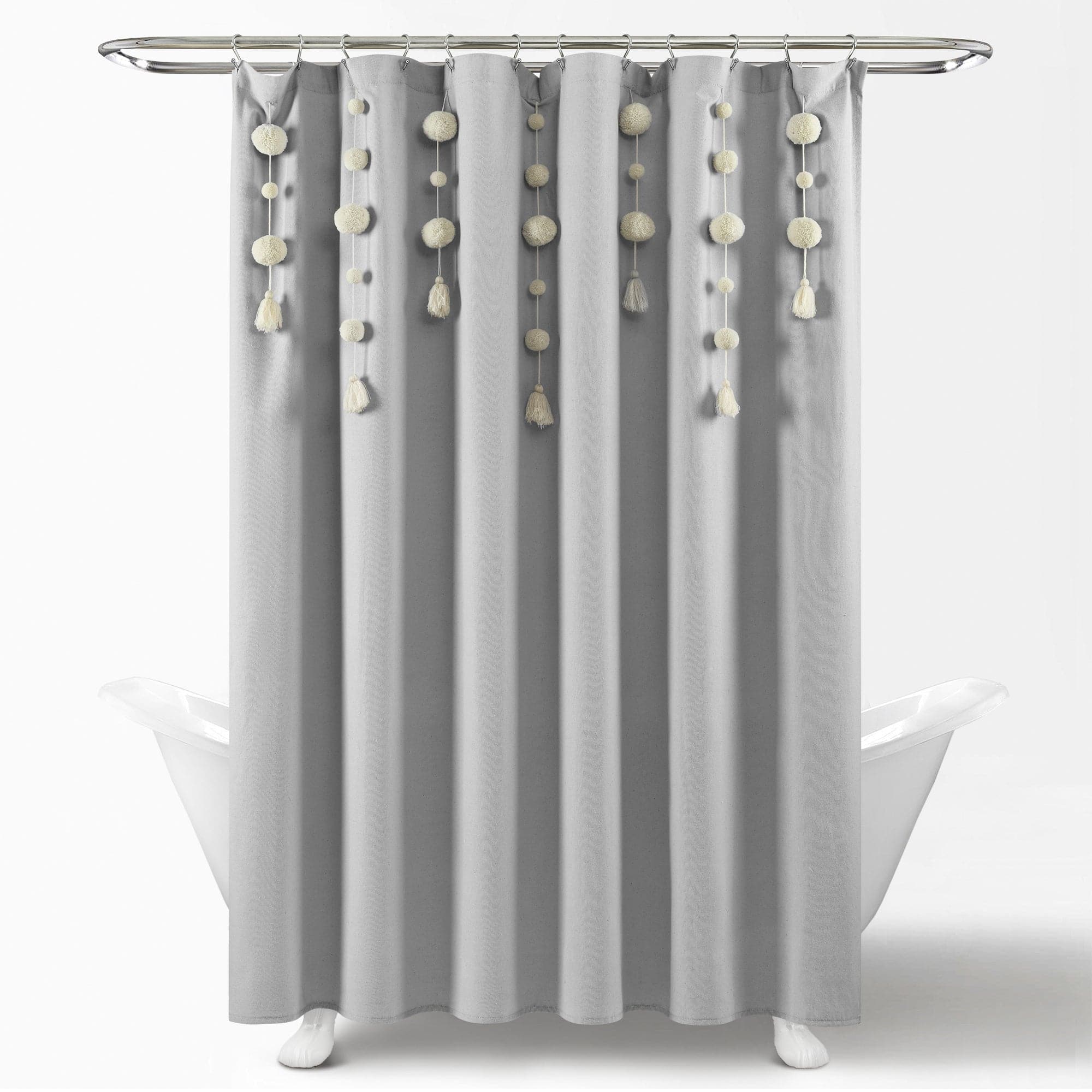 Boho Pom Pom Tassel Faux Linen Shower Curtain - Waterproof Bathroom Decor for Bohemian Style, Farmhouse & Coastal Homes (72x72 Inches) - Perfect for Master Bath, Guest Bath & Kids' Bathroom