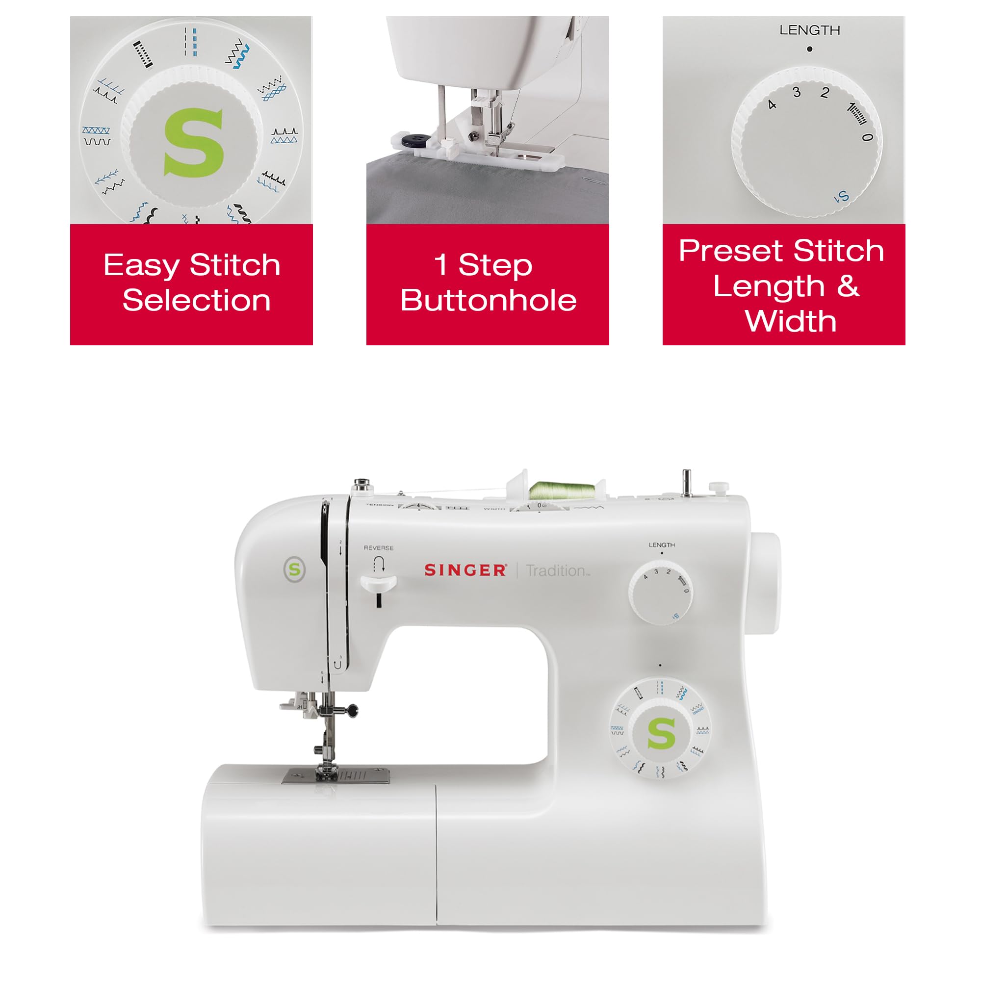 SINGER Tradition 2277 Sewing Machine with Automatic Needle Threader | 97 Built-in Stitches, 1-Step Buttonhole, Adjustable Stitch Length & Width | Heavy Duty Metal Frame for Quilting, Dressmaking & Home DIY Projects (White)