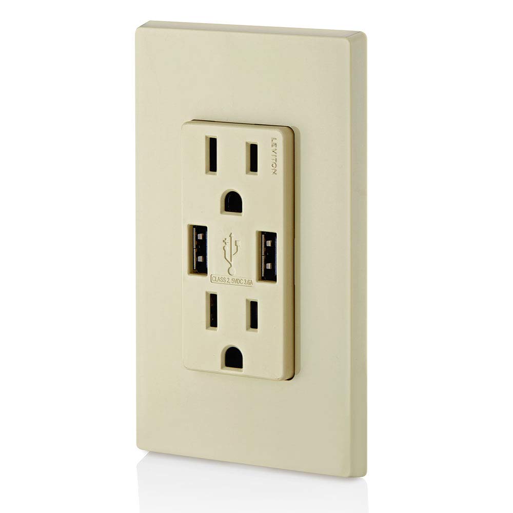 Leviton T5632-I 15A Tamper-Resistant Outlet with Dual USB Charger Ports - Ivory Wall Plate for Smartphones & Tablets - Perfect for Bedrooms, Kitchens & Home Offices