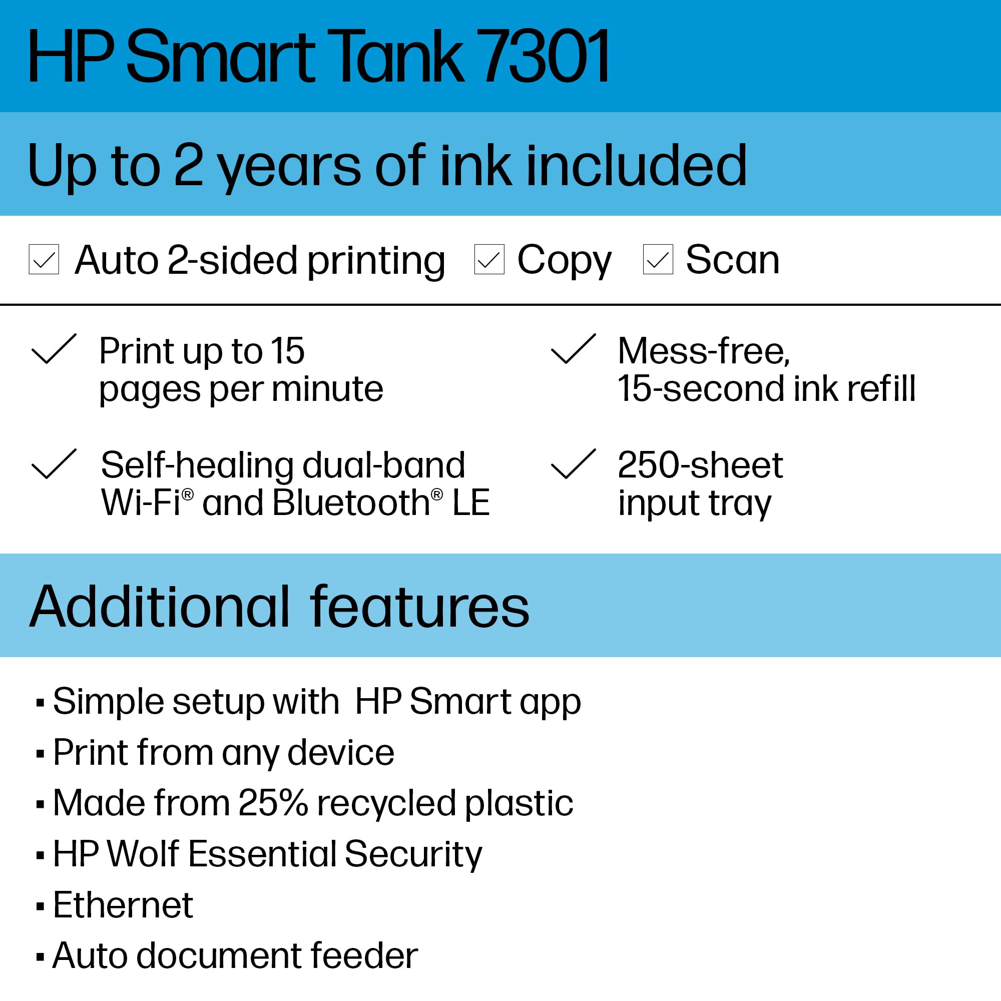 HP Smart-Tank 7301 Wireless All-in-One Inkjet Printer with 2 Years of Ink Supply - Mobile Printing, Scanning, Copying, Auto Document Feeder (28B70A, Gray) - Ideal for Home Office, Small Business & Remote Work