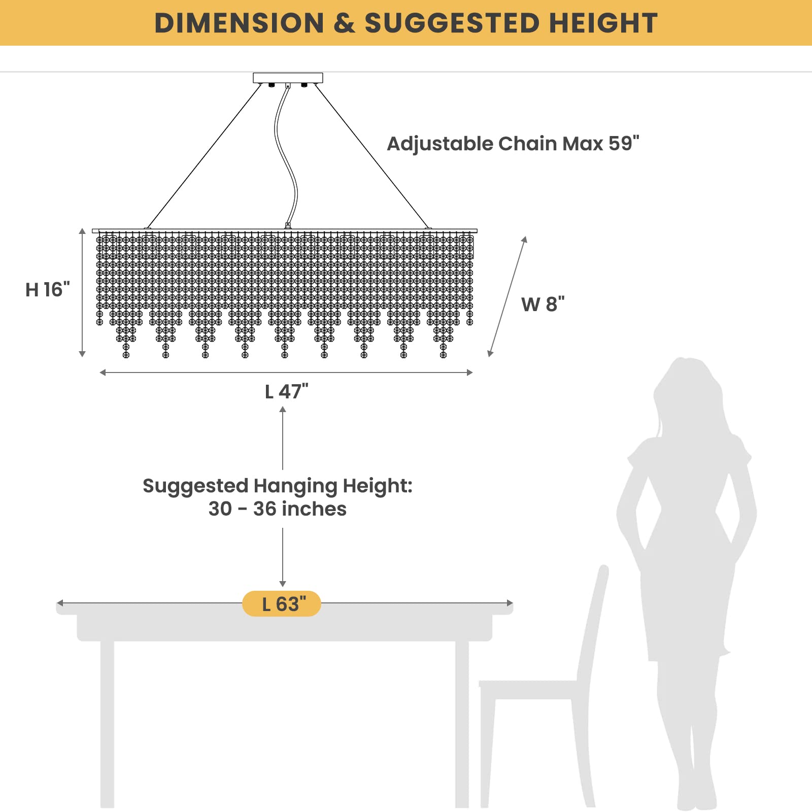 7PM 10-Light Rectangle Crystal Chandelier - Modern Linear Pendant Lighting for Dining Room & Kitchen Island (47