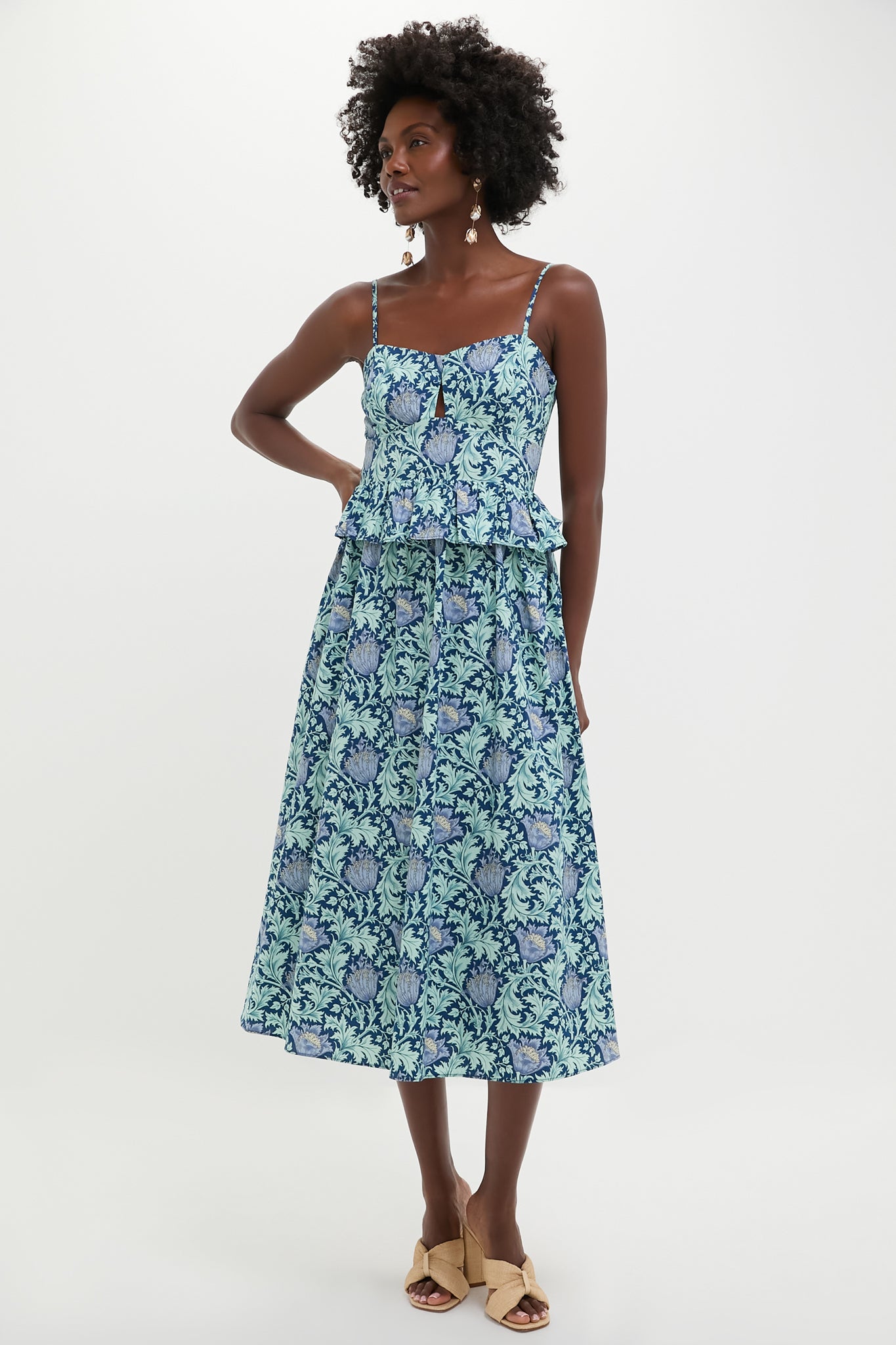 Blue Leafy Floral Maeve Midi Dress - Women's Boho Summer Dress for Beach, Vacation & Casual Outings