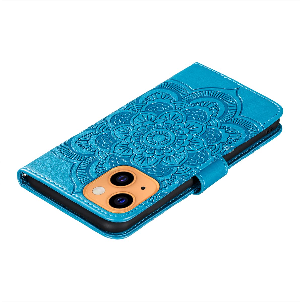 OOPKINS PU Leather iPhone 13 Mini Case - Mandala Blue Wallet Cover with Card Slot & Magnetic Stand for Work & Travel