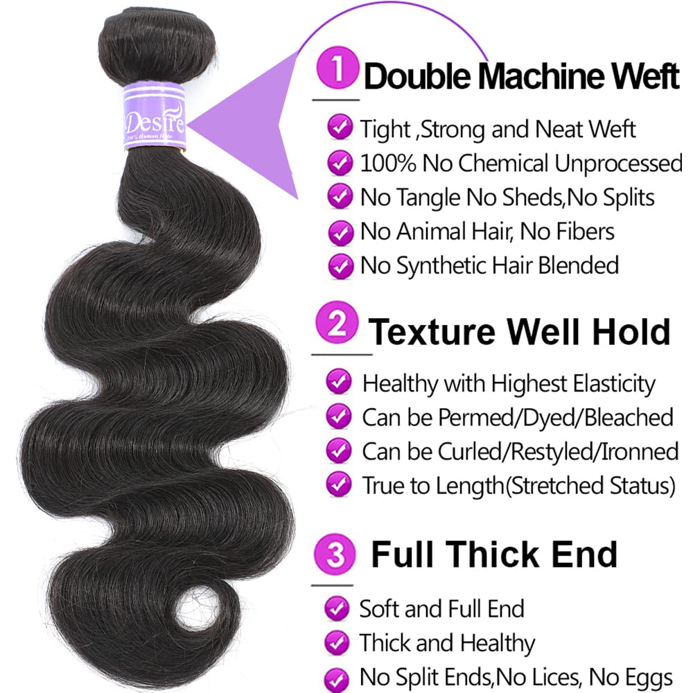 12A Brazilian Body Wave 100% Unprocessed Human Hair Bundles with Closure (18 20 22 Inches + Free 18
