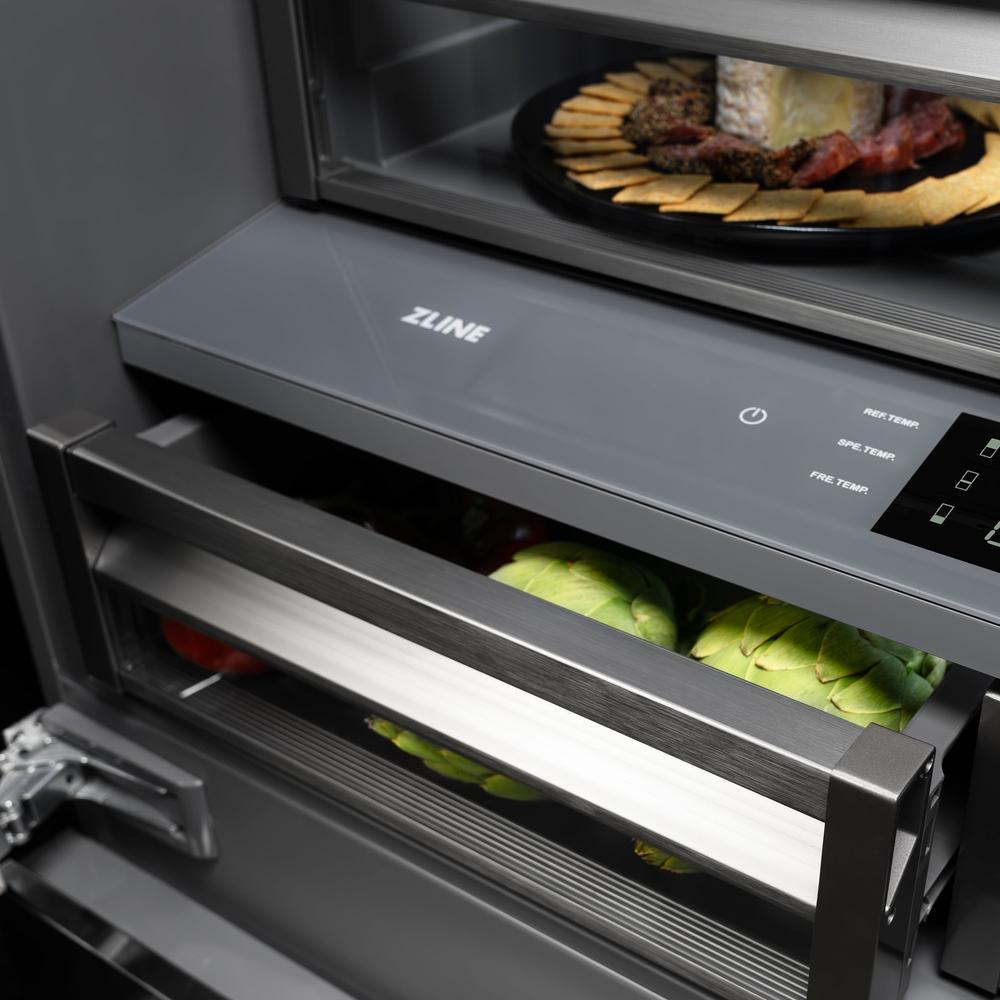 ZLINE Autograph Edition 36 Inch French Door Built-In Bottom Freezer Refrigerator - 19.6 cu.ft Capacity, Black Stainless Steel with Graphite Gray Interior & Champagne Bronze Accents - Water Dispenser & Ice Maker Included - Perfect for Modern Kitchens & Open-Concept Homes