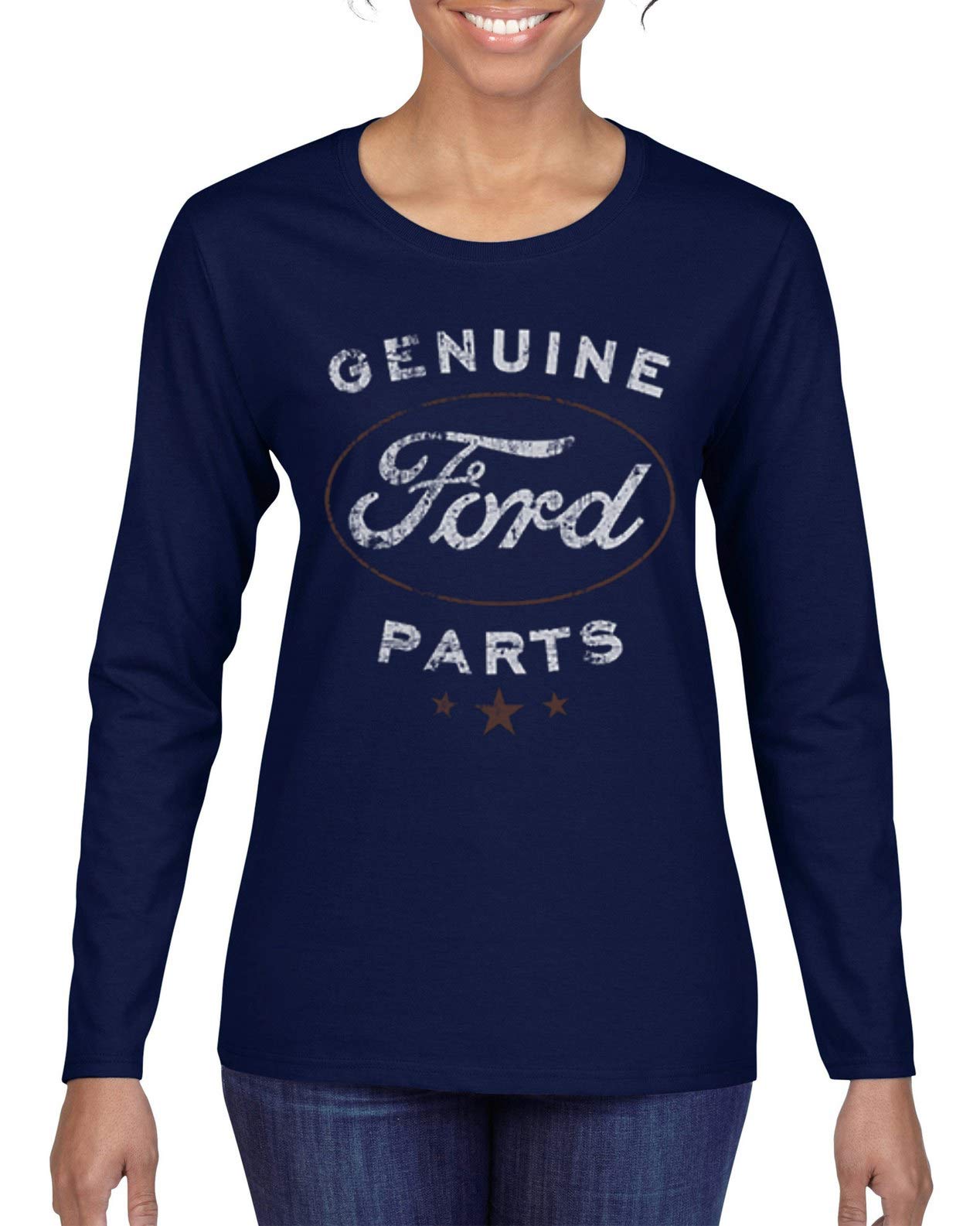 Vintage Distressed Genuine Ford Parts Graphic Long Sleeve T-Shirt for Women - Classic Car Enthusiast Apparel for Casual Wear & Automotive Events