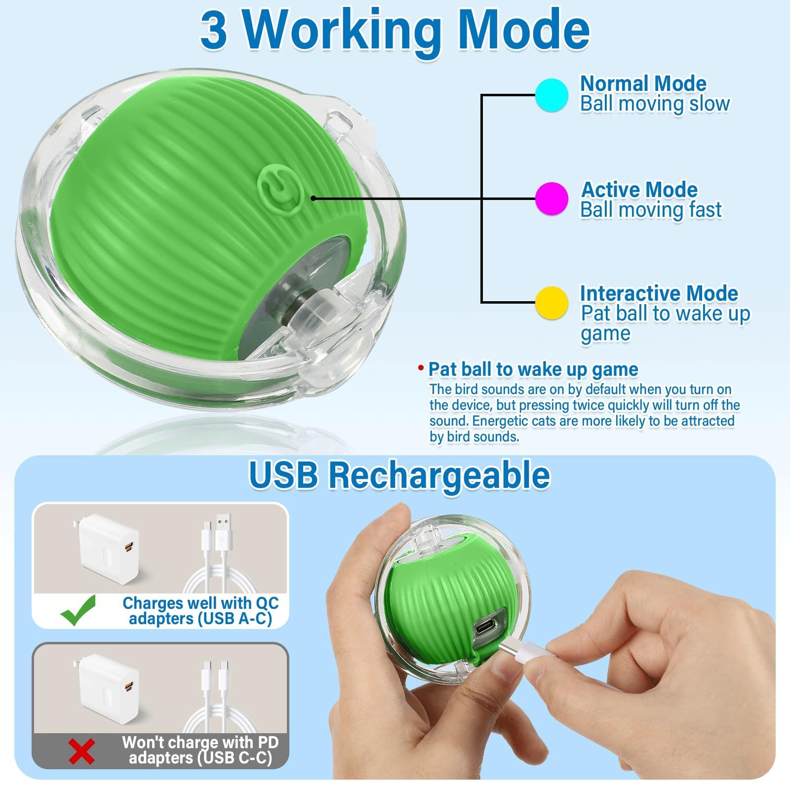 Automatic Moving Cat Ball Toy with Motion Sensor, LED Light & Chirping Sounds - Interactive Hide-n-Seek Kitten Toy for Indoor Cats - Perfect for Bored Adult Cats & Playful Kittens (Green) | Great for Night Play, Exercise & Mental Stimulation