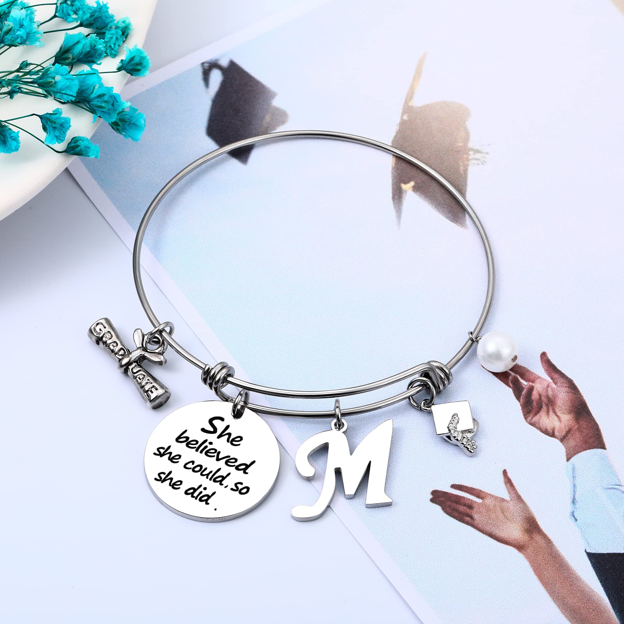 GLIVEOR Graduation Bracelet for Women - Stainless Steel Cap Initial Bracelet - High School & College Graduation Gift for Her 2022 - Perfect for Commencement, Parties & Celebrations
