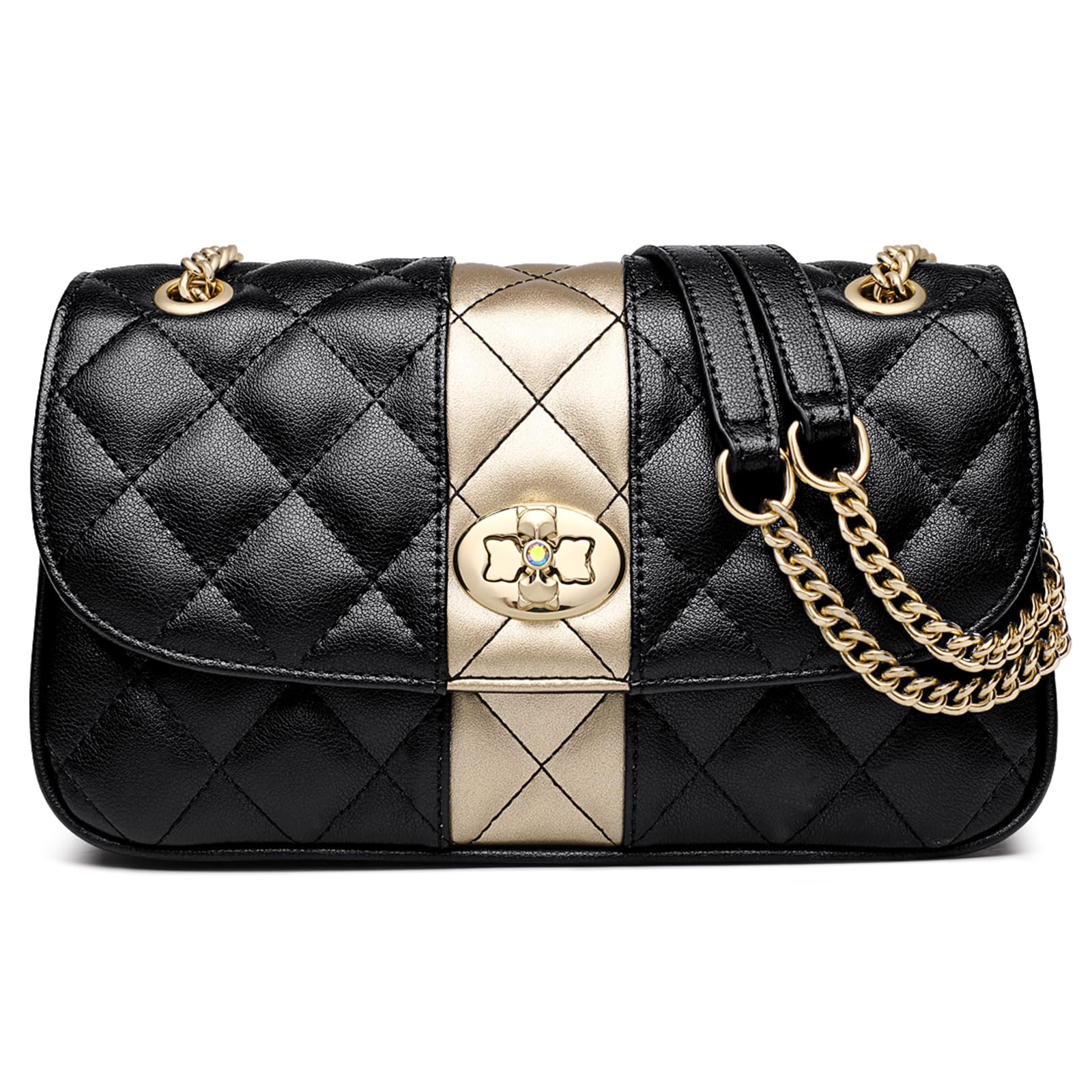 FOXLOVER Women's Leather Quilted Flap Crossbody Bag - Medium Size Twist Lock Shoulder Purse for Everyday Use, Work & Travel