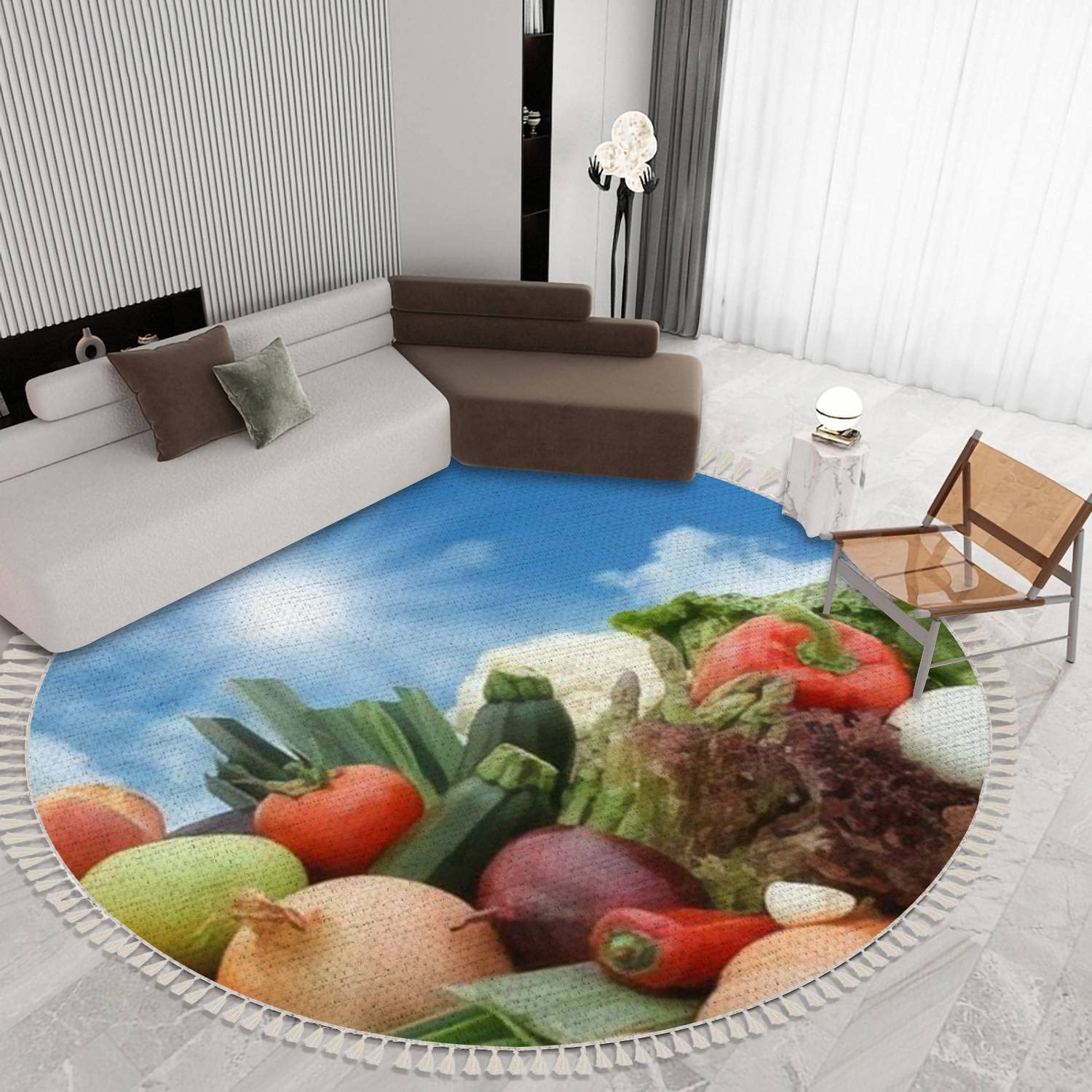 Round Fringe Shag Rugs - Colorful Fruits & Vegetables Design on Blue Sky - 6 ft Boho Circle Throw Rug with Tassels for Nursery, Playroom, Living Room - Soft & Playful Decor for Kids' Bedroom, Daycare or Cozy Home Spaces