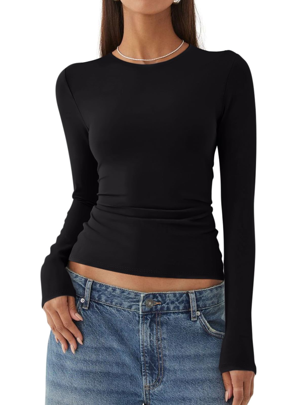 REORIA Women's Long Sleeve Crew Neck Basic Tee - Slim Fit Lightweight Layering T-Shirt for Casual Wear, Work & Going Out