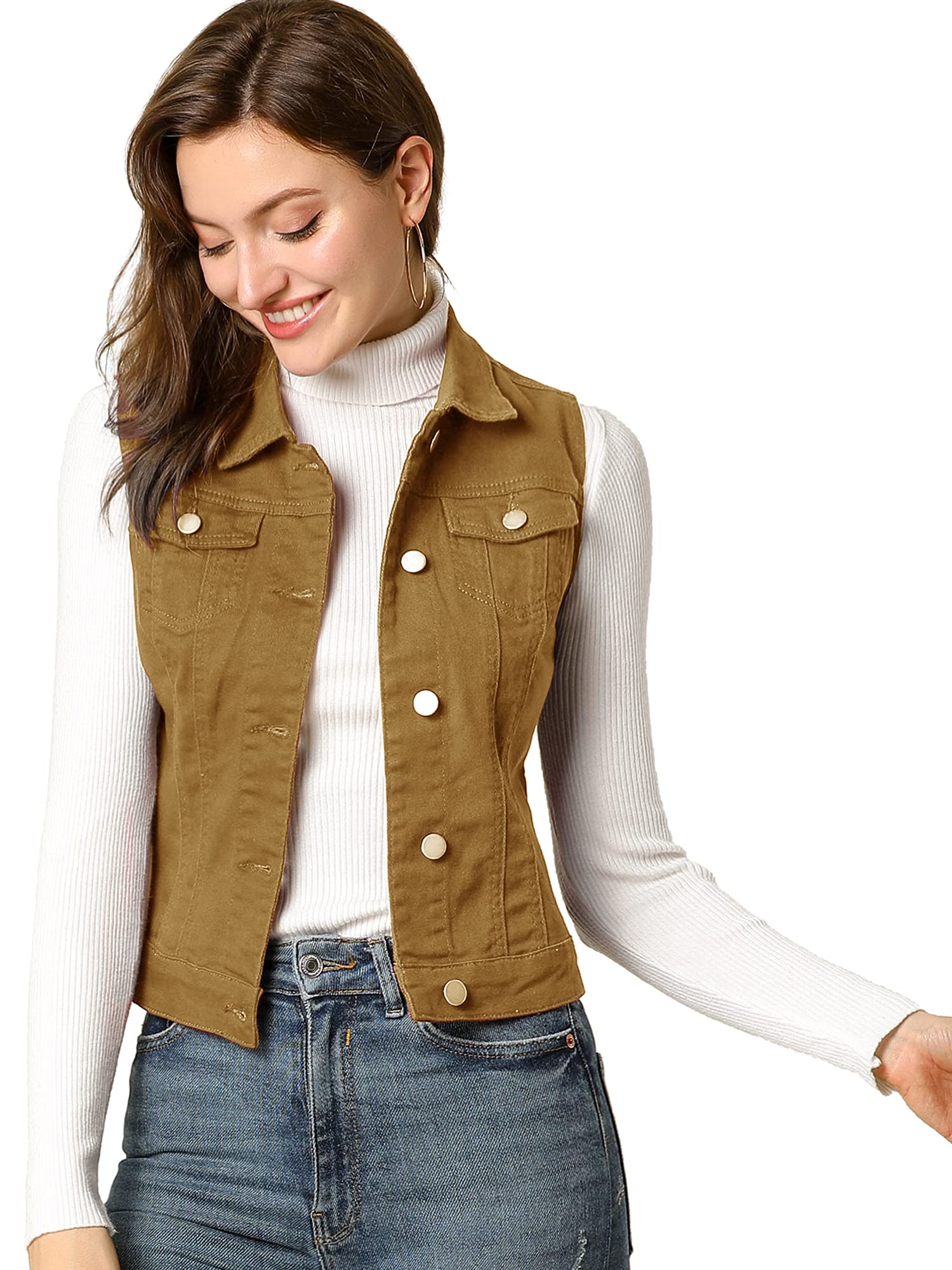 Allegra K Women's Washed Denim Vest Jacket with Button Front & Chest Flap Pockets | Casual Layering Piece for Spring & Fall Outfits