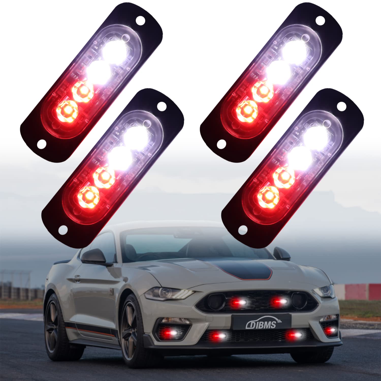 4x Red & White LED Emergency Strobe Light Bar - DIBMS 4-LED Warning Flashing Hazard Light for Cars, Trucks, Vans, ATVs & SUVs - Construction, Roadside & Off-Road Safety Lighting - Surface Mount Installation